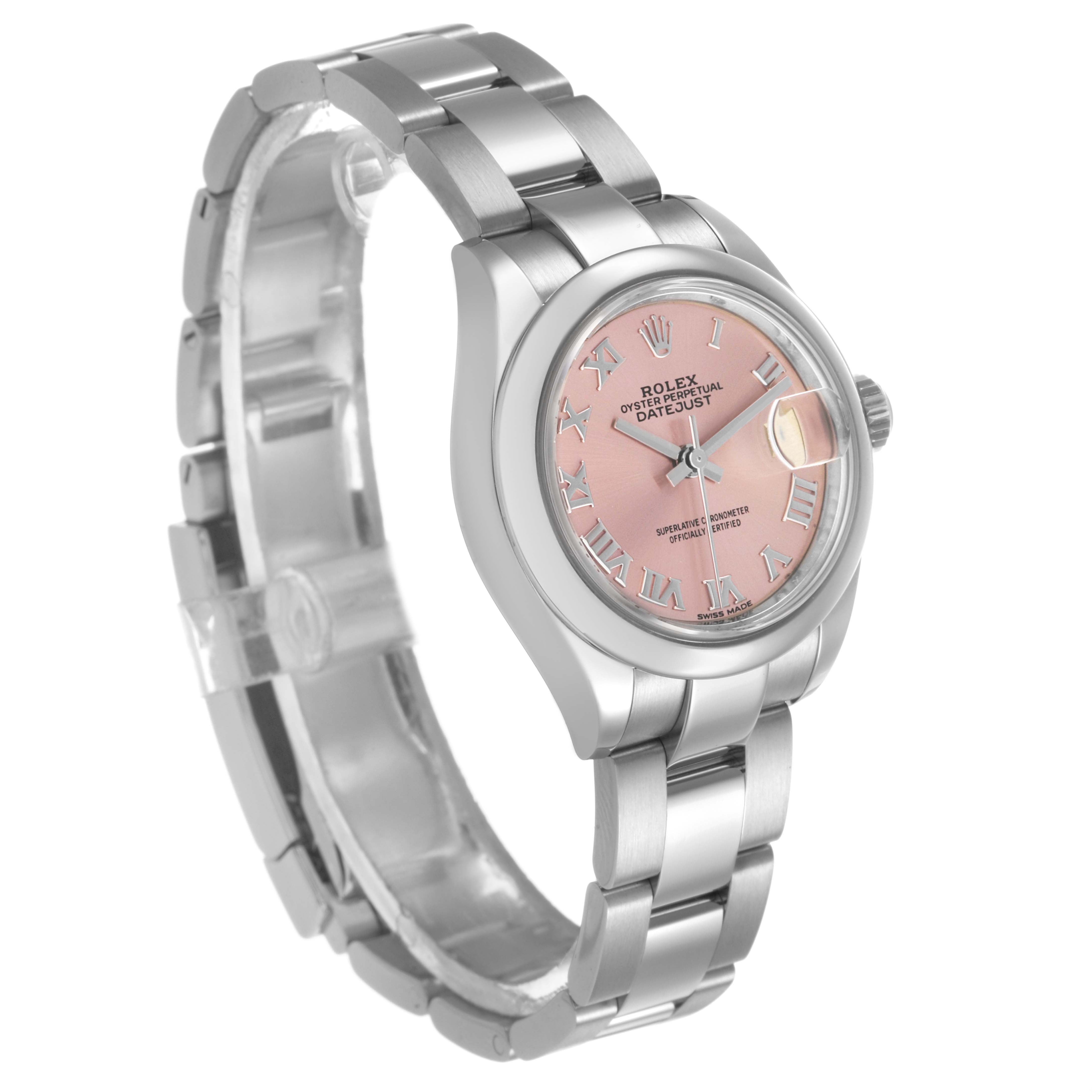 The Rolex Datejust 279160 Women's Stainless Steel Pink Dial watch is shown at a three-quarter angle, highlighting the bracelet, case, and pink dial with Roman numerals.