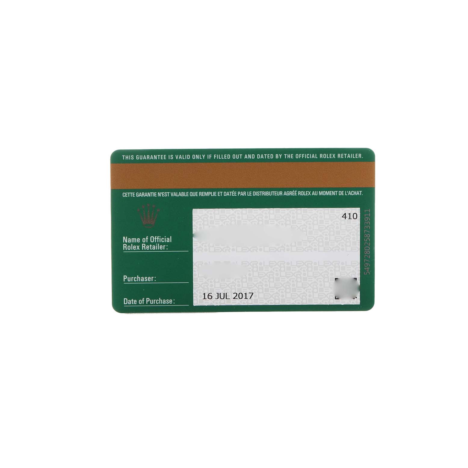 The image shows a guarantee card for the Rolex Datejust 279160 Women's Stainless Steel Pink Dial watch, detailing purchase information.