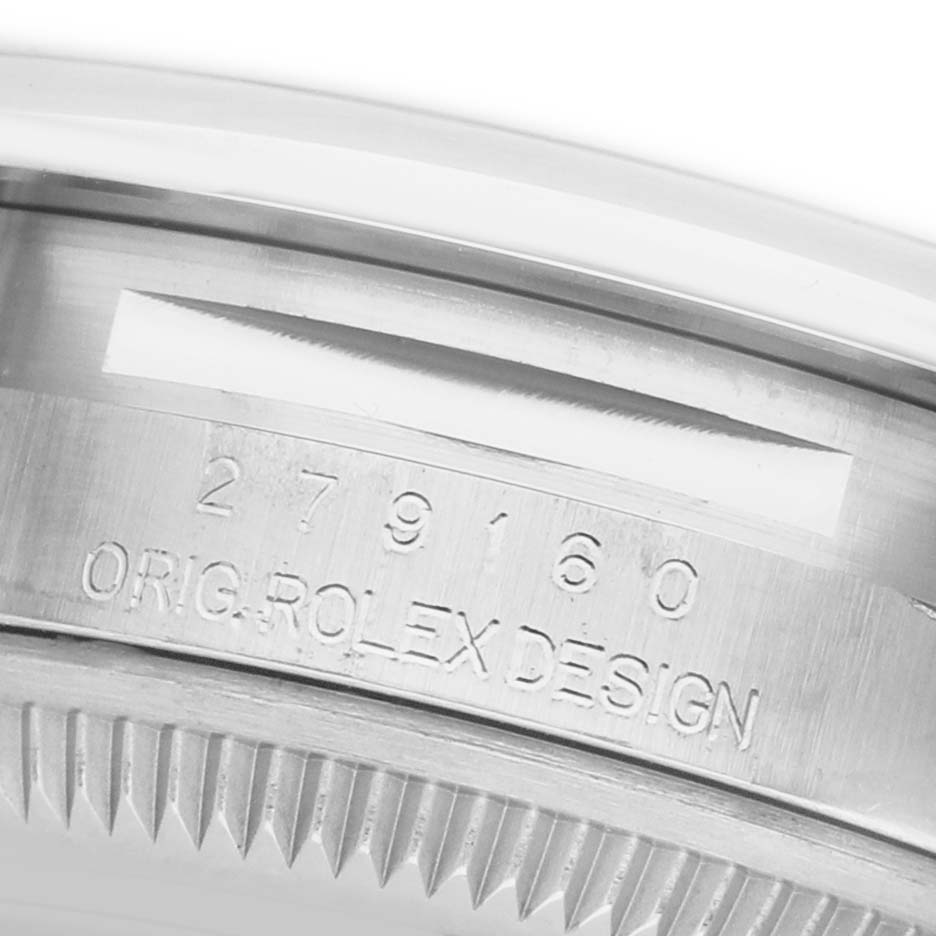 The image shows a close-up of a Rolex Datejust 279160 Women's Stainless Steel Pink Dial's engraved case back, displaying the model number and "Orig. Rolex Design."