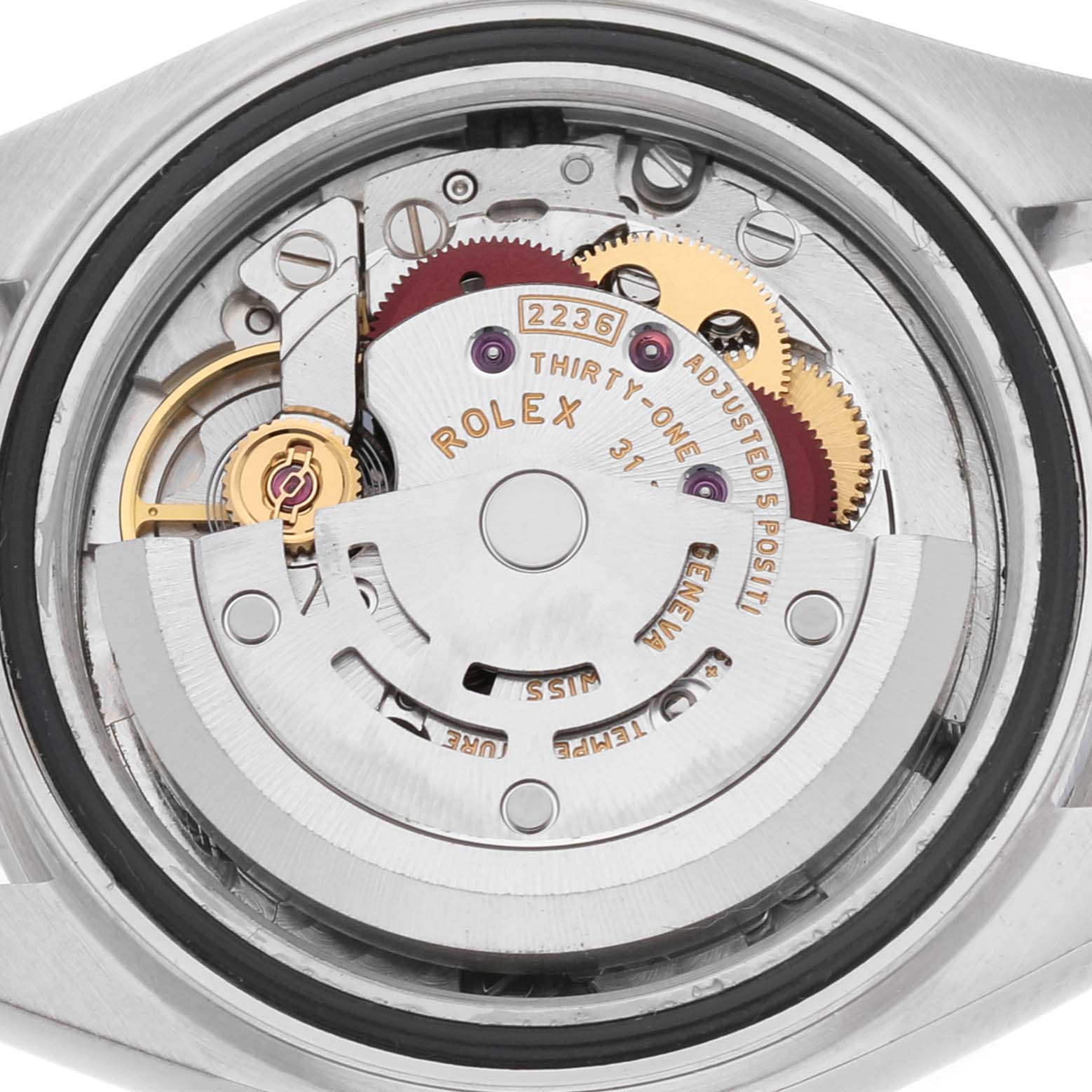 The image shows the open case back of a Rolex Datejust 279160 Women's Stainless Steel Pink Dial, displaying its movement and rotor.