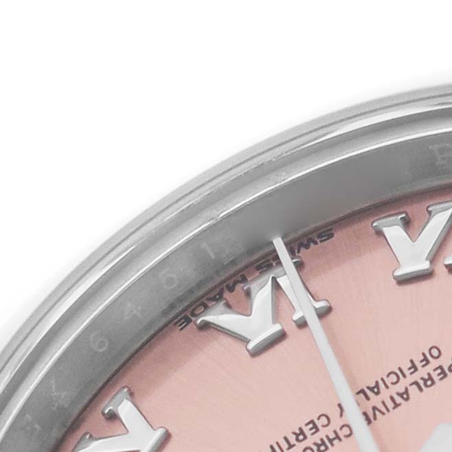 The image shows a close-up of the dial edge and Roman numeral markers of a Rolex Datejust 279160 Women's Stainless Steel Pink Dial watch.