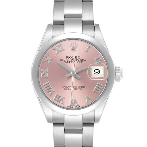This image shows a front view of the Rolex Datejust 279160 Women's Stainless Steel Pink Dial, highlighting the watch face, dial, bracelet, and crown.