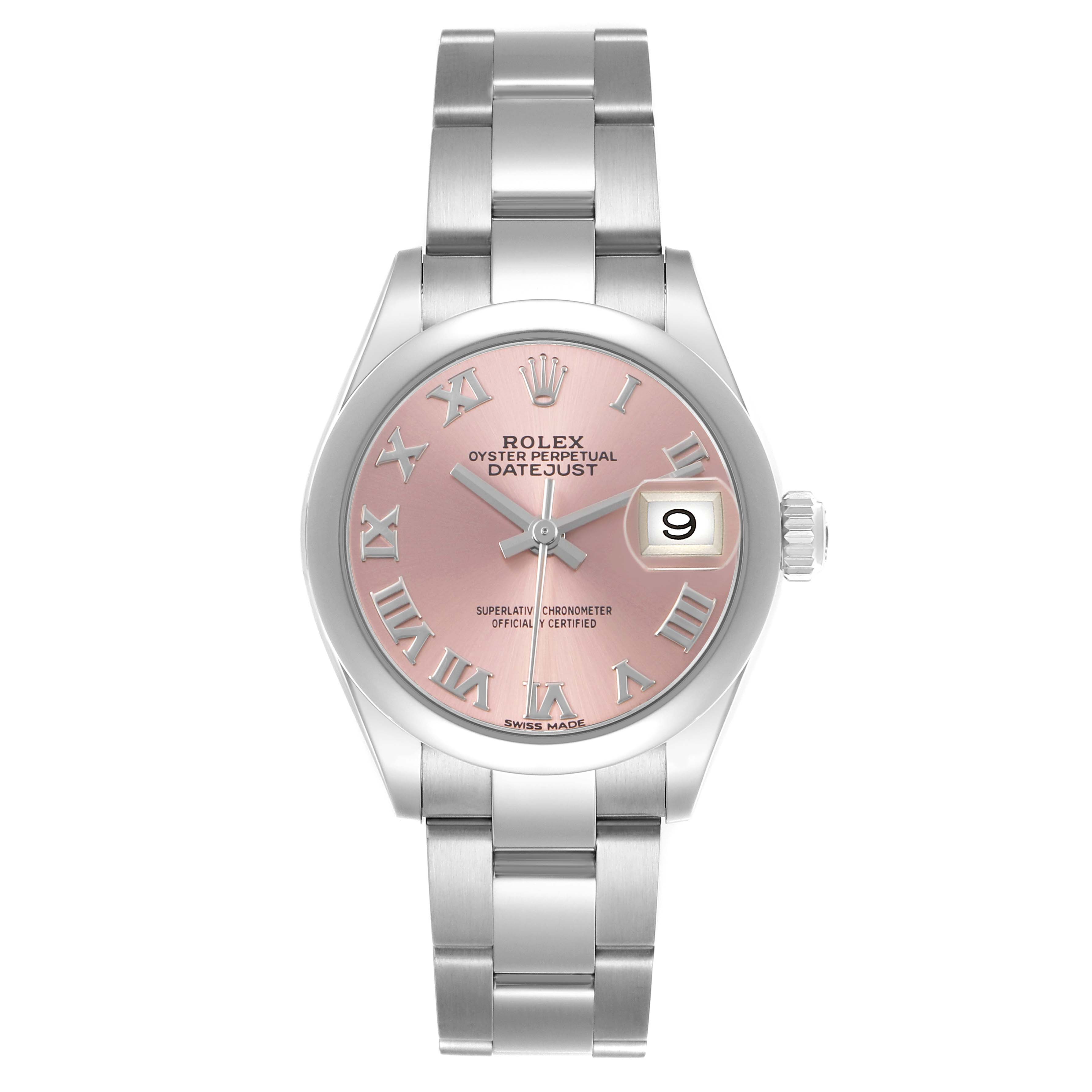 The Rolex Datejust 279160 Women's Stainless Steel Pink Dial watch is shown from a top view, displaying the dial, bezel, bracelet, and date window.