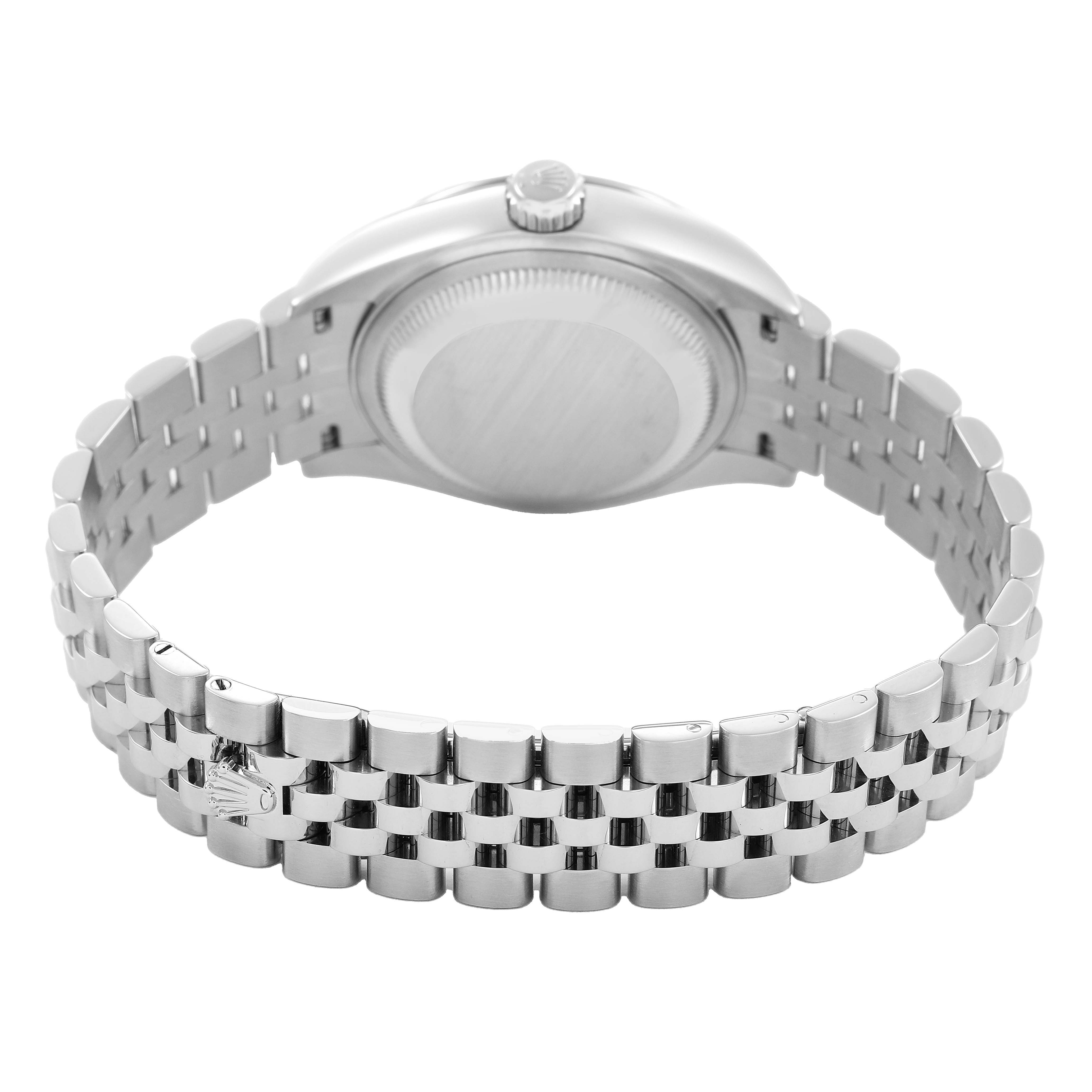 The image shows the back of a Rolex Datejust 279174 Women's Stainless Steel Silver Dial, highlighting the case back, bracelet, and clasp from a rear angle.