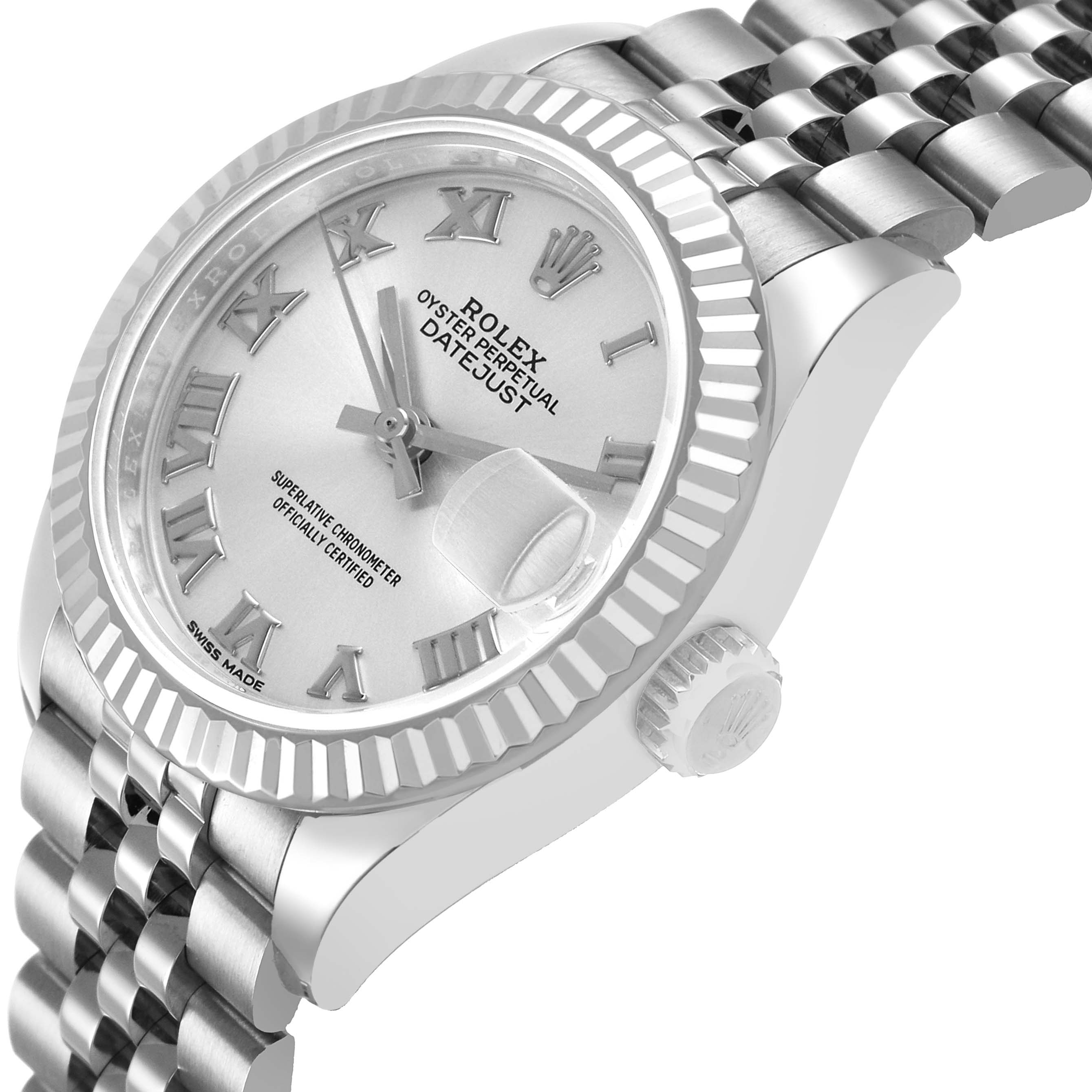 The Rolex Datejust 279174 Women's Stainless Steel Silver Dial is shown from an angle highlighting the dial, fluted bezel, crown, and part of the Jubilee bracelet.