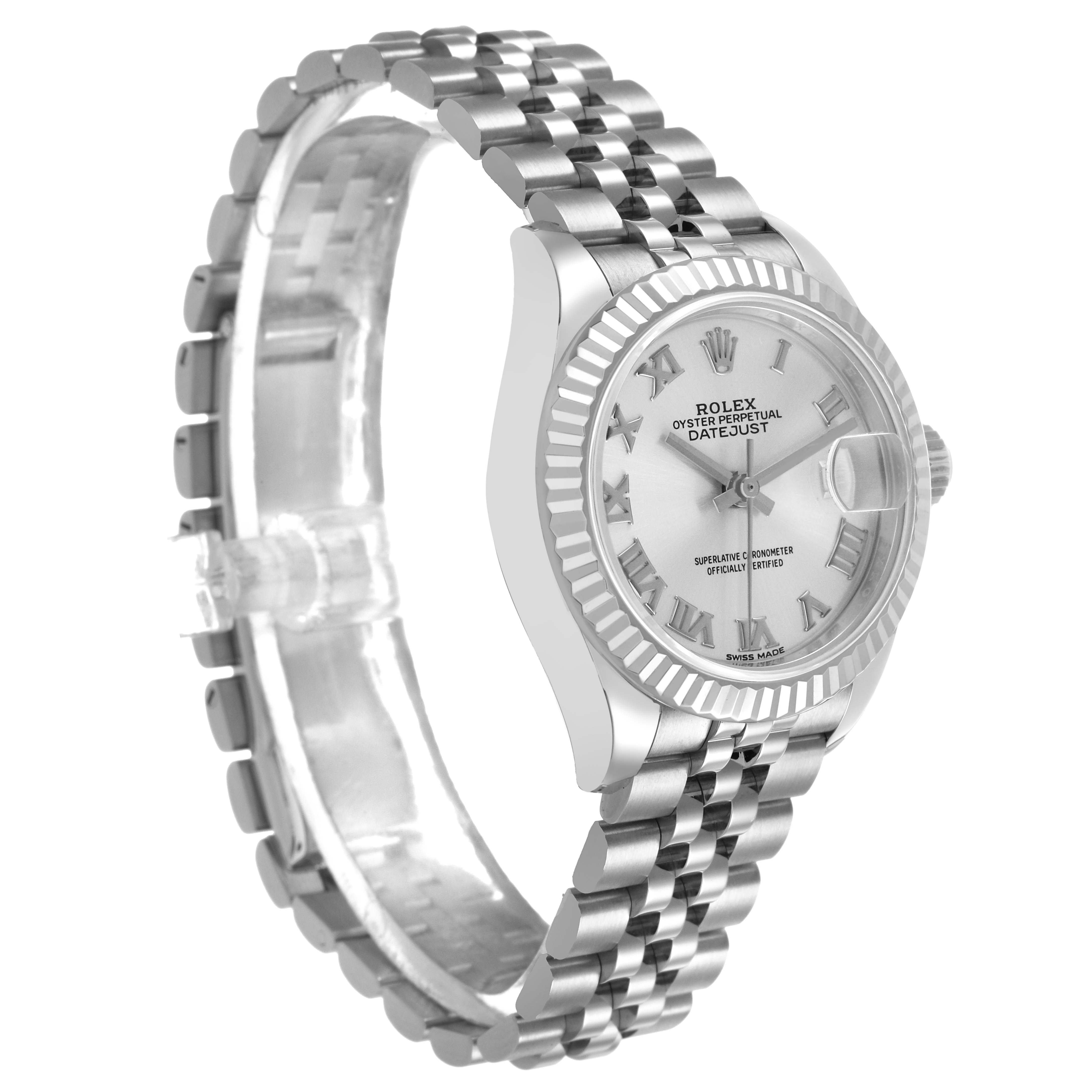The Rolex Datejust 279174 Women's Stainless Steel Silver Dial watch is shown at an angle highlighting the dial, bezel, crown, and Jubilee bracelet.