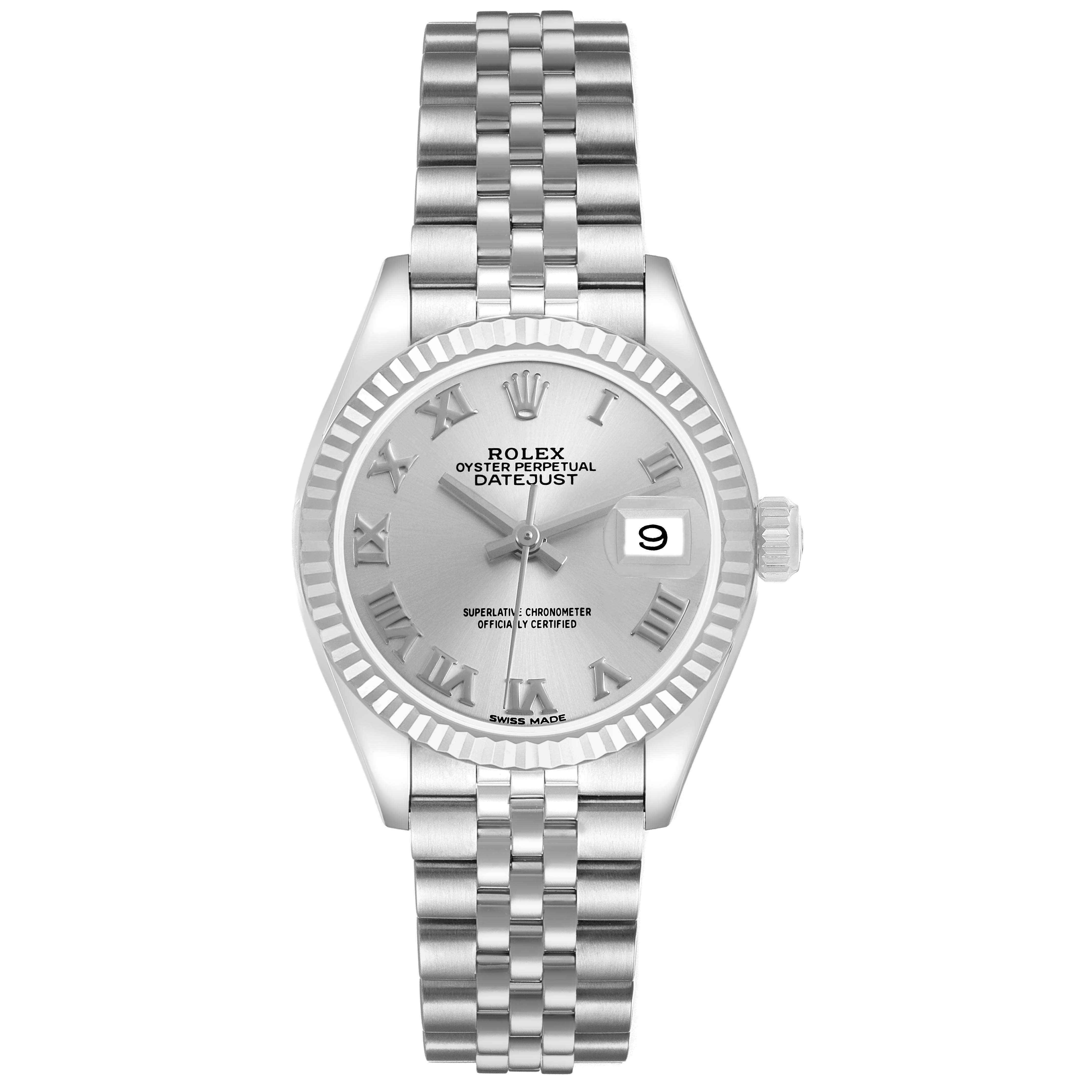 The Rolex Datejust 279174 Women's Stainless Steel Silver Dial watch is shown from a front angle, displaying the dial, Roman numerals, fluted bezel, and Jubilee bracelet.