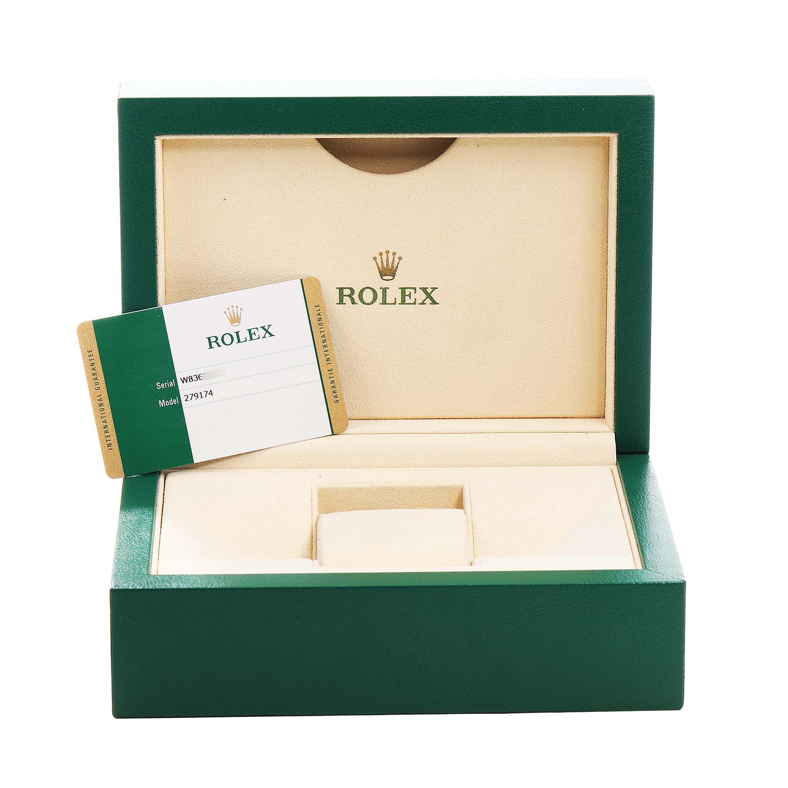 The image shows an open Rolex Datejust 279174 Women's Stainless Steel Silver Dial box set with a warranty card displayed inside.