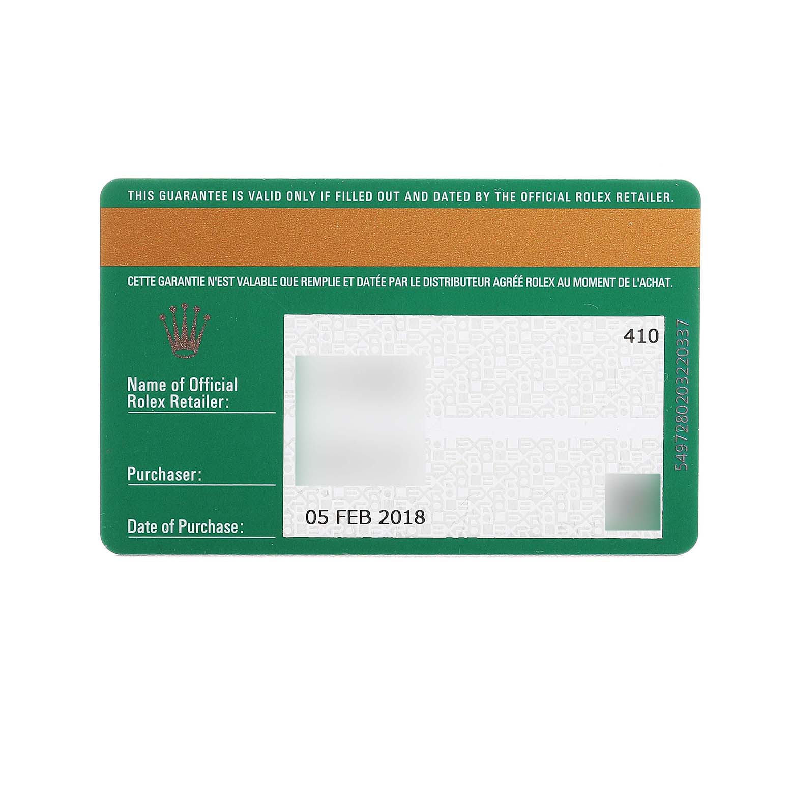 This image shows a warranty card for a Rolex Datejust 279174 Women's Stainless Steel Silver Dial watch, displaying brand, purchase date, and retailer details.