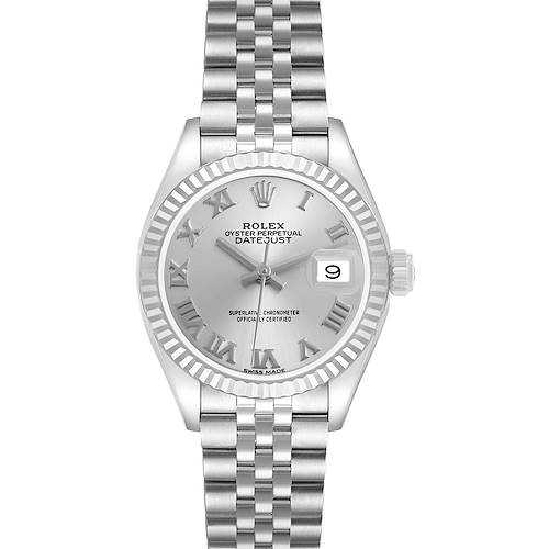 The Rolex Datejust 279174 Women's Stainless Steel Silver Dial watch is shown from the front, featuring its dial, bezel, case, bracelet, and date window.