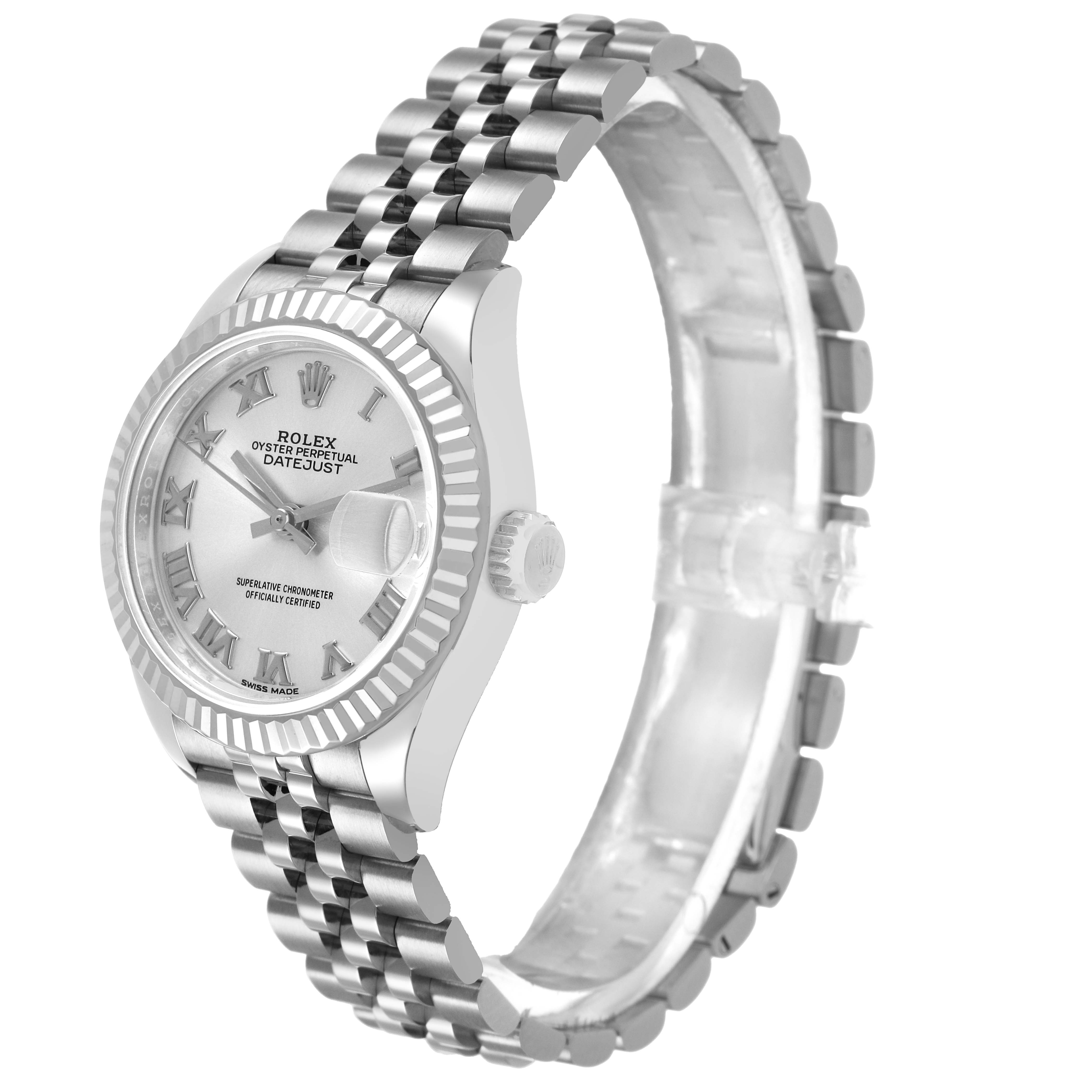 The Rolex Datejust 279174 Women's Stainless Steel Silver Dial watch is shown at a three-quarter angle, displaying the dial, bezel, crown, and bracelet.
