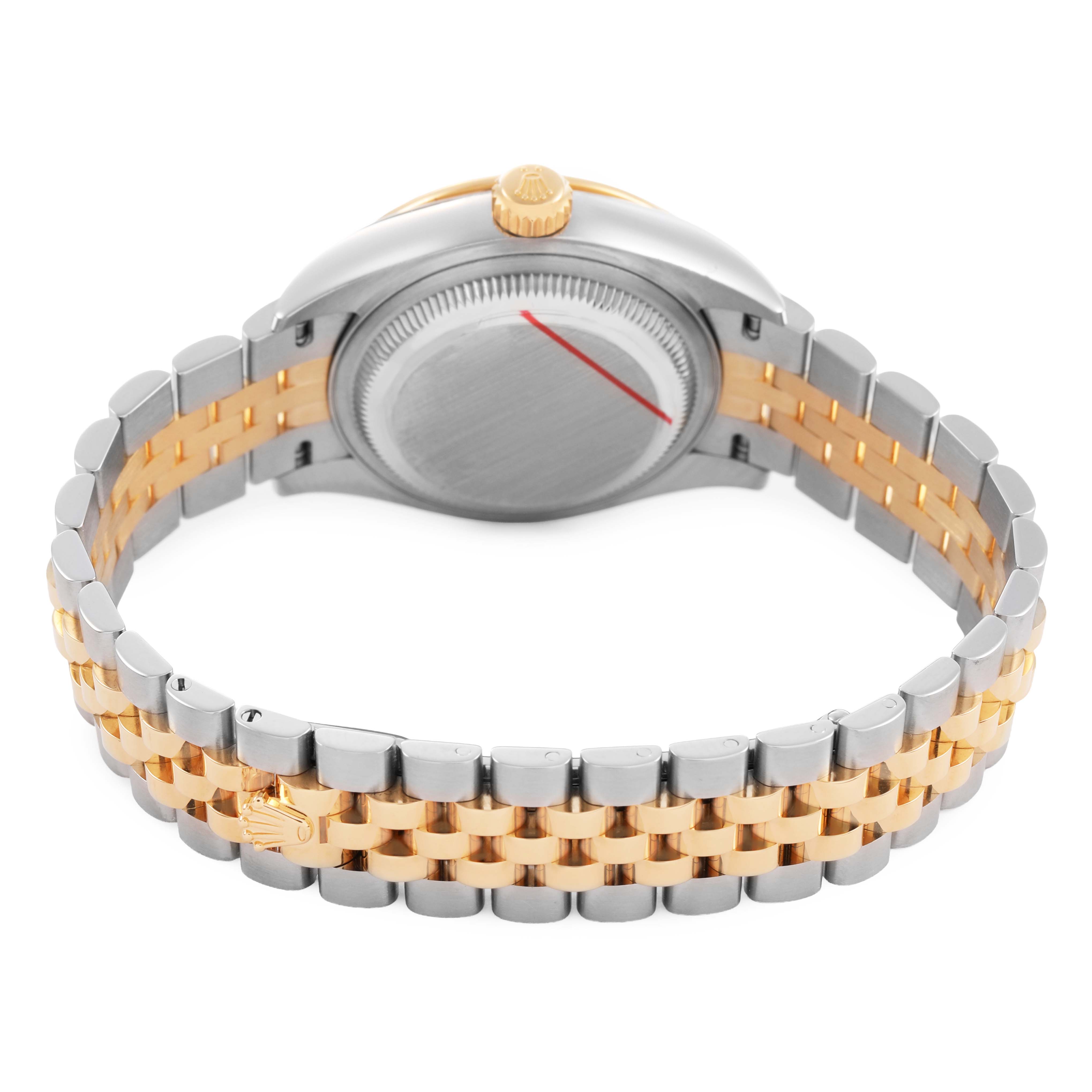 The image shows the back view of a Rolex Datejust 279383RBR Women's Steel and Gold (two tone) Green Dial, highlighting the case back, crown, and Jubilee bracelet with two-tone links.