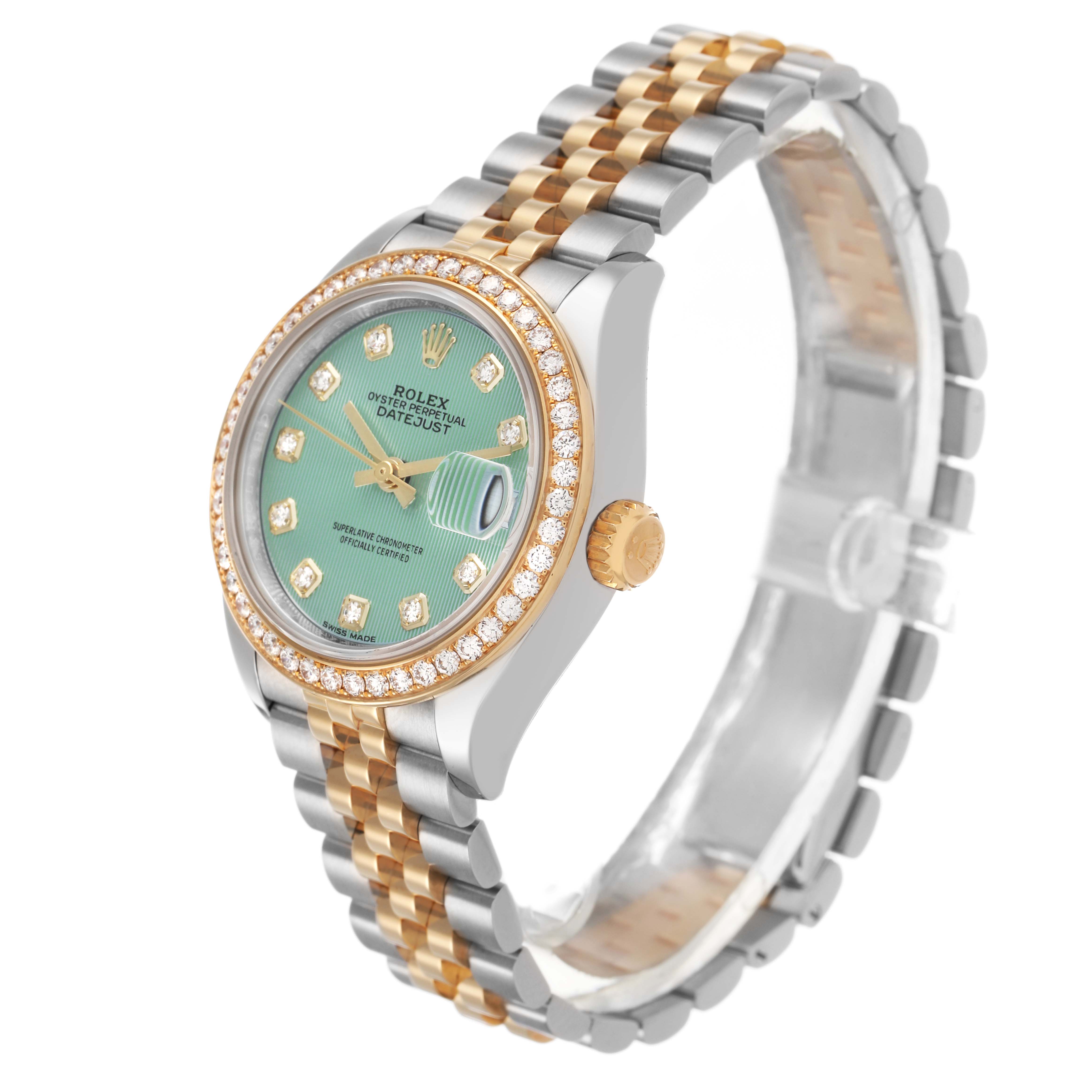 The Rolex Datejust 279383RBR Women's Steel and Gold (two tone) Green Dial watch is shown at a slight angle, highlighting the face, bezel, crown, and bracelet.