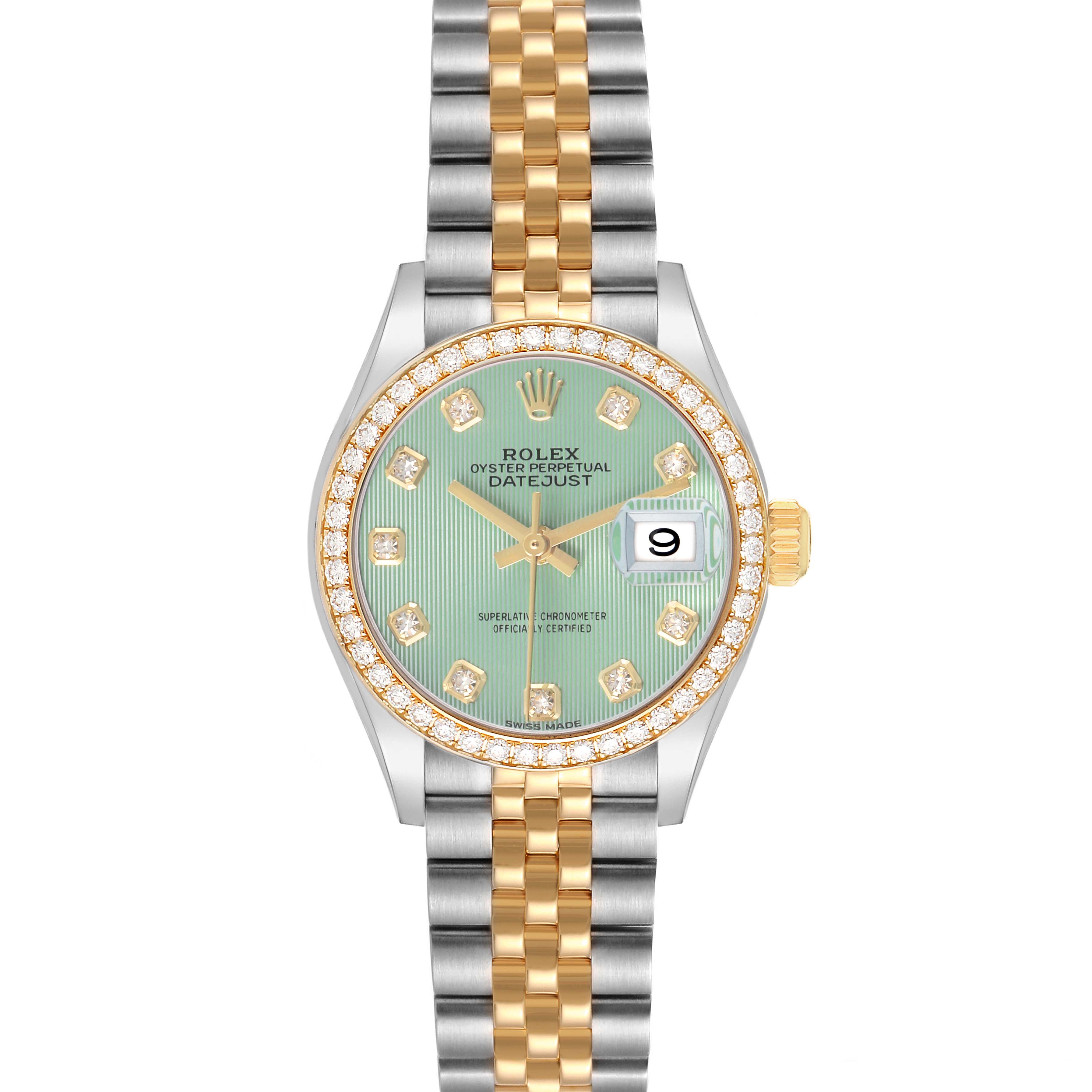 The Rolex Datejust 279383RBR Women's Steel and Gold (two tone) Green Dial watch is shown from a front angle, displaying the face, bezel, and two-tone bracelet clearly.
