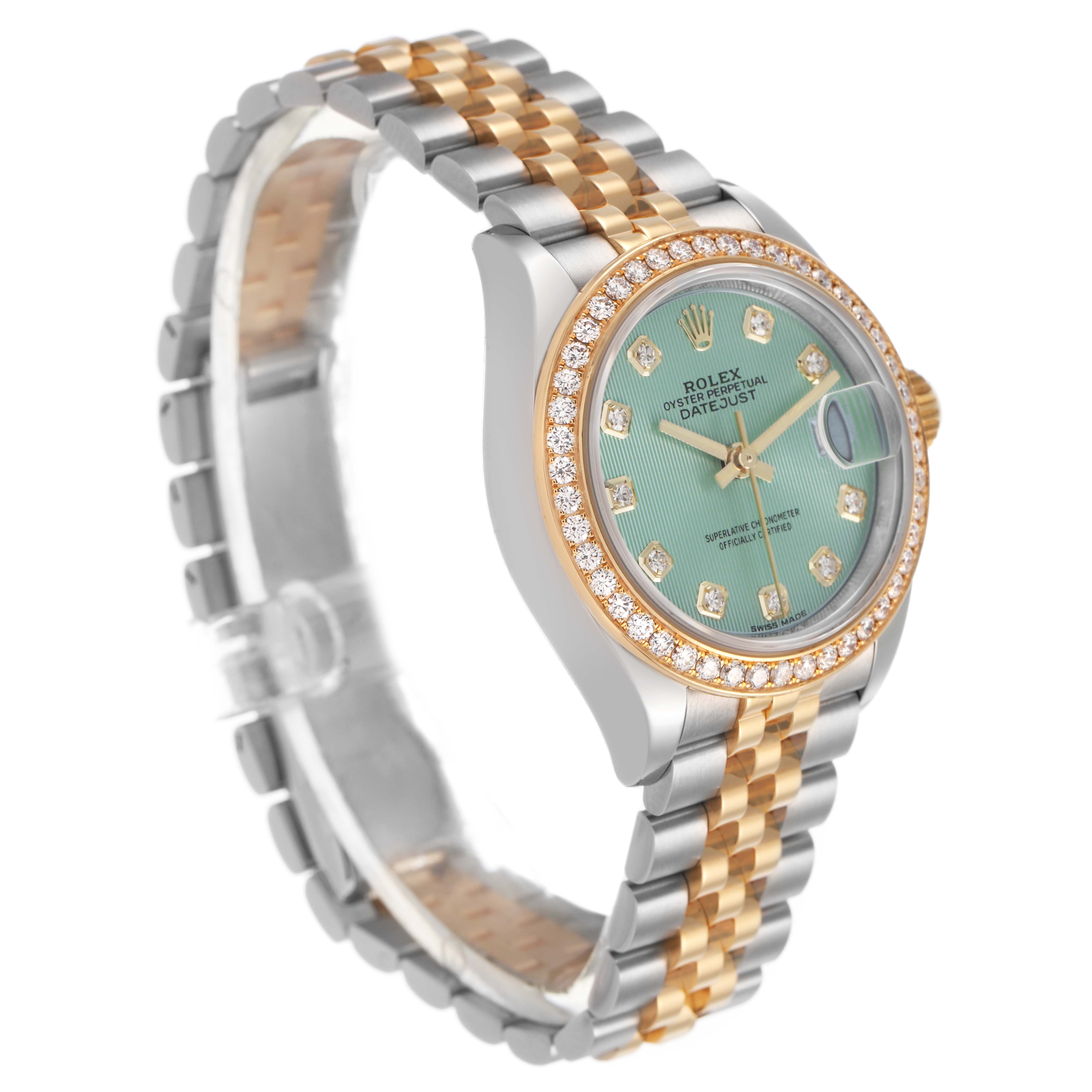 The Rolex Datejust 279383RBR Women's Steel and Gold (two tone) Green Dial watch is shown from a side angle, featuring a diamond bezel and a two-tone metal bracelet.