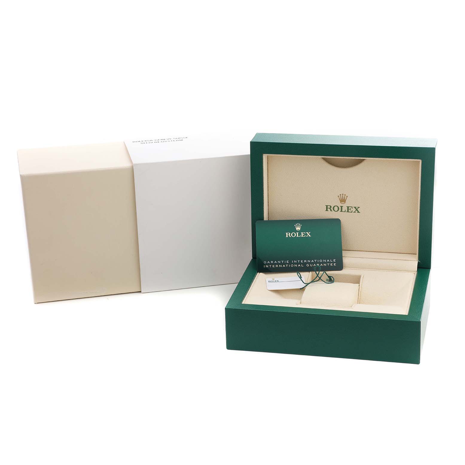The image shows an open Rolex Datejust 279383RBR Women's Steel and Gold (two tone) Green Dial box at an angle, with warranty card and tag visible inside the packaging.