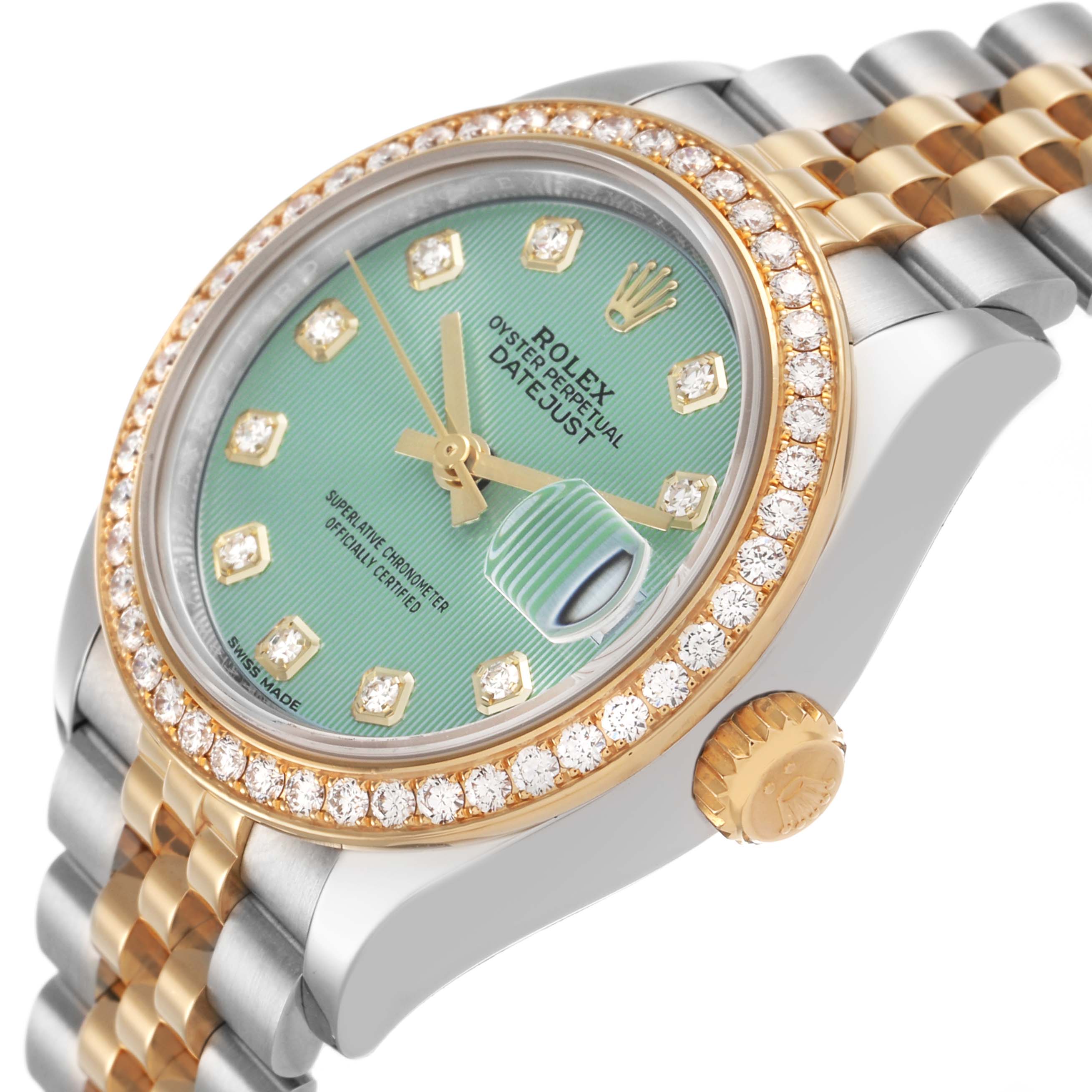 The Rolex Datejust 279383RBR Women's Steel and Gold (two tone) Green Dial watch is shown at an angled side view, highlighting the diamond bezel, crown, and bracelet details.