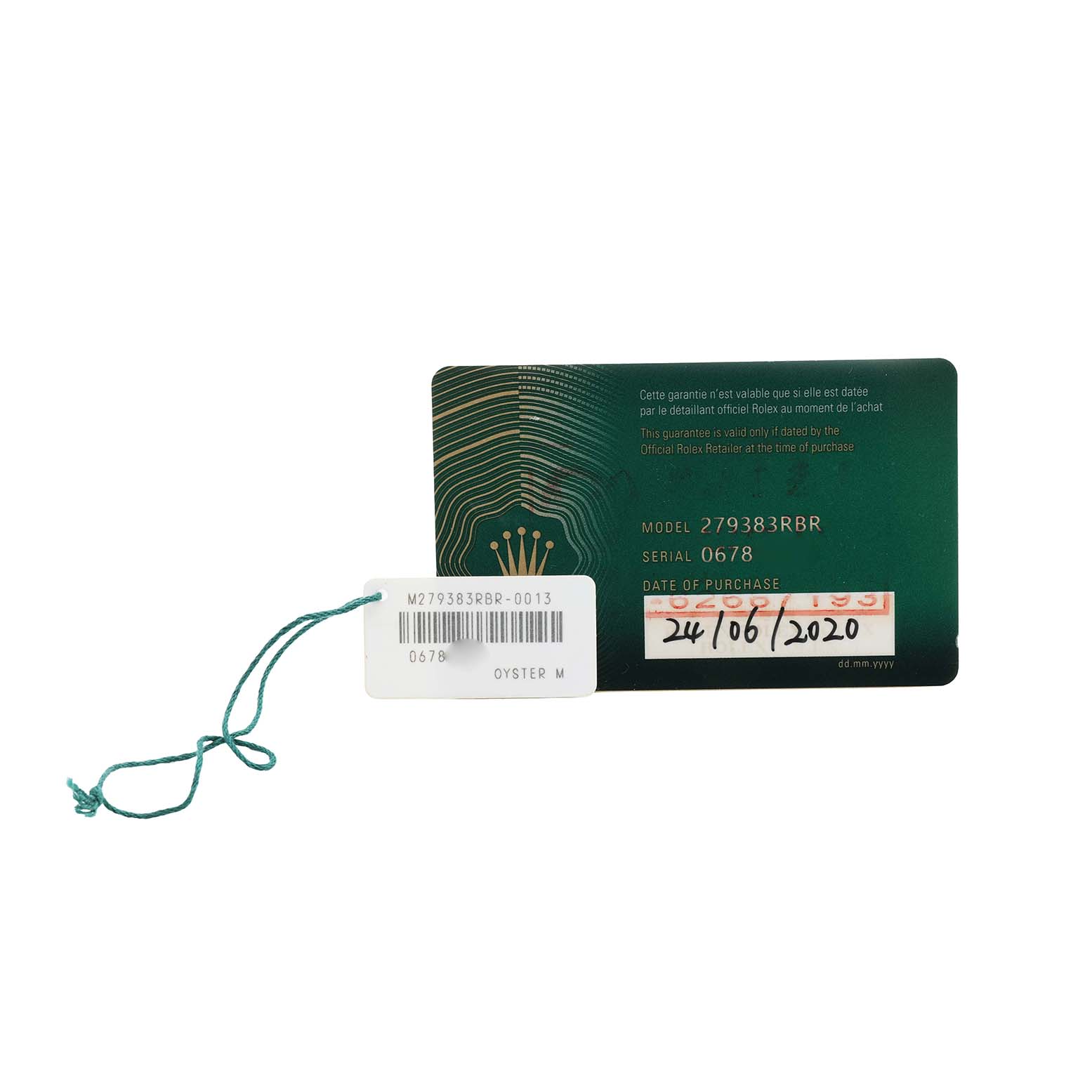 The image shows a warranty card and tag for the Rolex Datejust 279383RBR Women's Steel and Gold (two tone) Green Dial model, displaying model and purchase date.