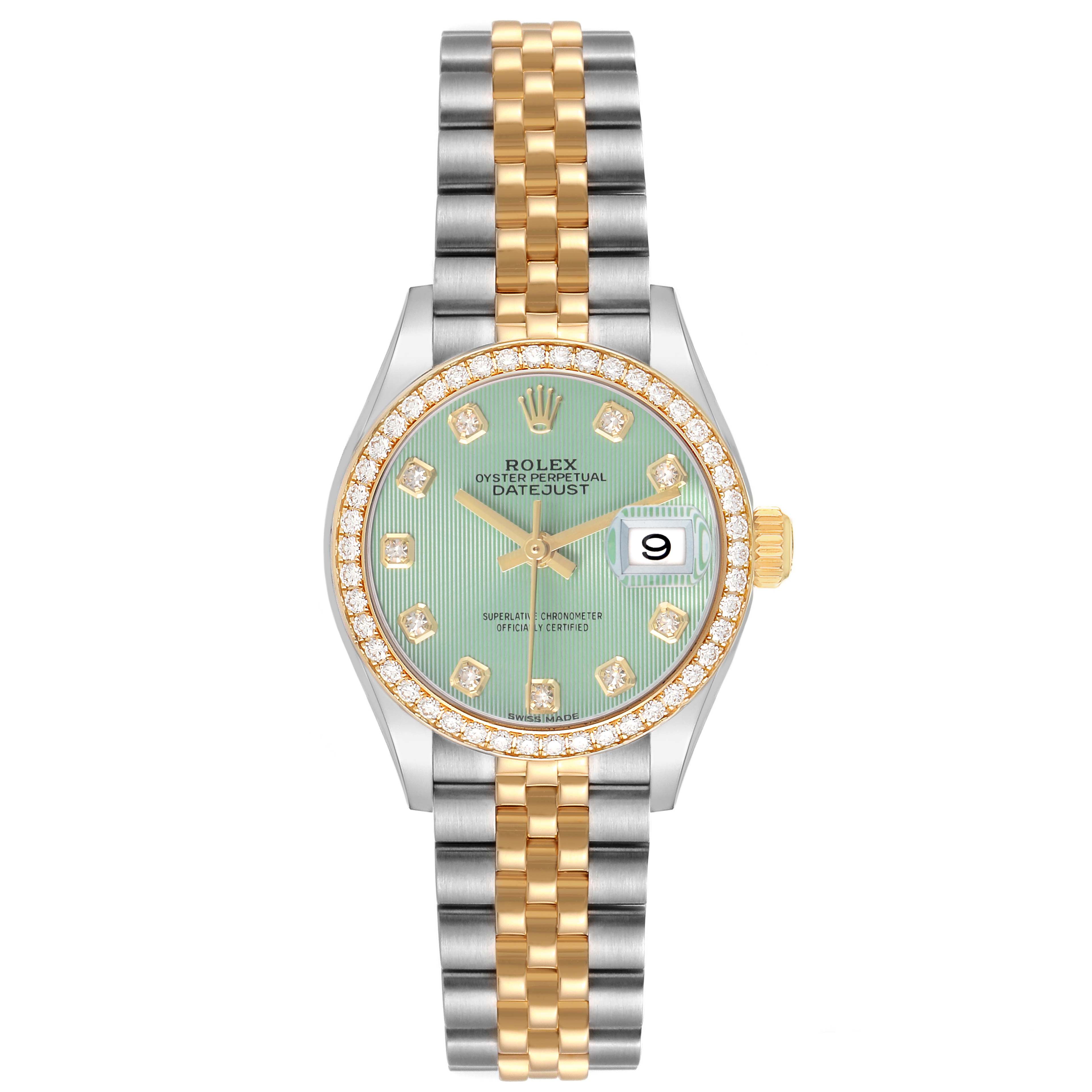 The Rolex Datejust 279383RBR Women's Steel and Gold (two tone) Green Dial watch is shown from a top-down angle, displaying the face, bezel, bracelet, and date feature clearly.
