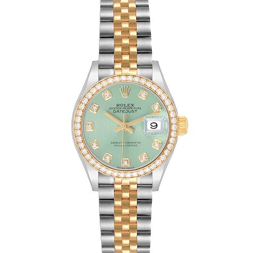 The Rolex Datejust 279383RBR Women's Steel and Gold (two tone) Green Dial watch is shown from a front angle, highlighting the dial, bezel, and bracelet.
