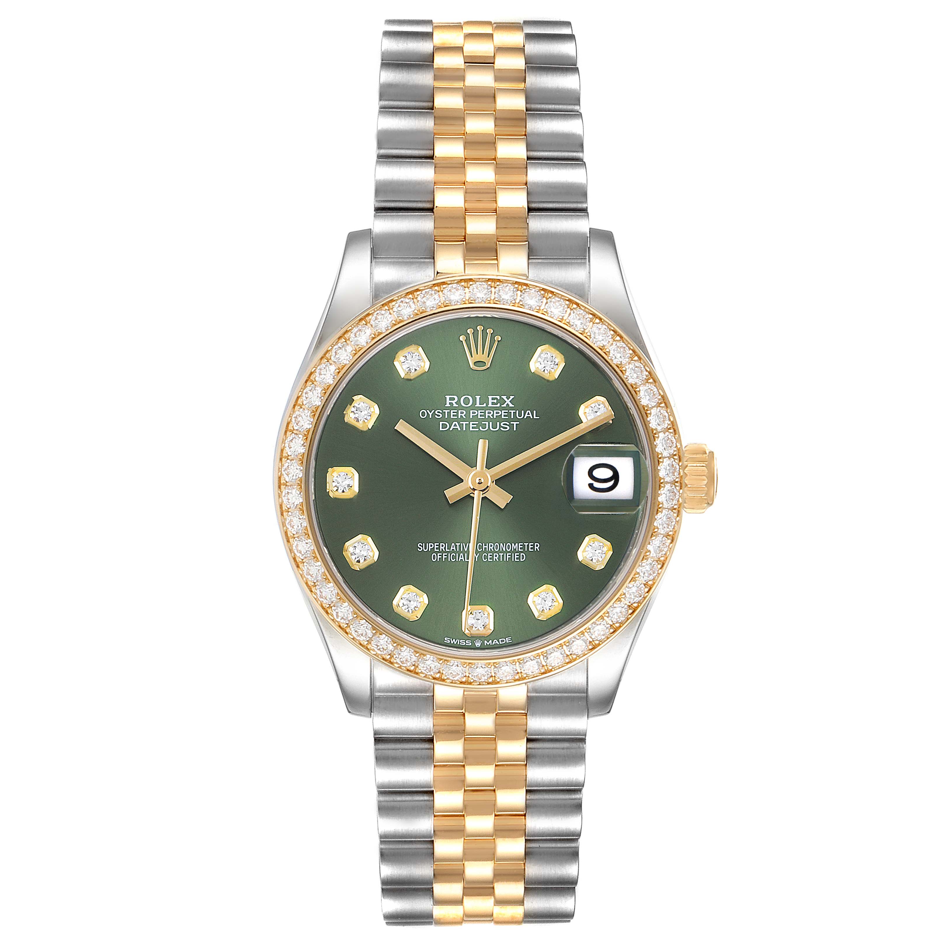 The Rolex Datejust 278383 Women's Steel and Gold (two tone) Green Dial watch is shown from the front, displaying the green dial, diamond markers, bezel, and two-tone bracelet.