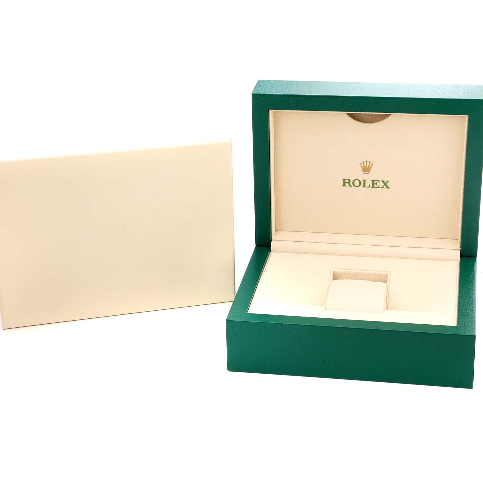 The image shows an open Rolex Datejust 278383 Women's Steel and Gold (two tone) Green Dial watch box at an angle, with its interior and lid visible.