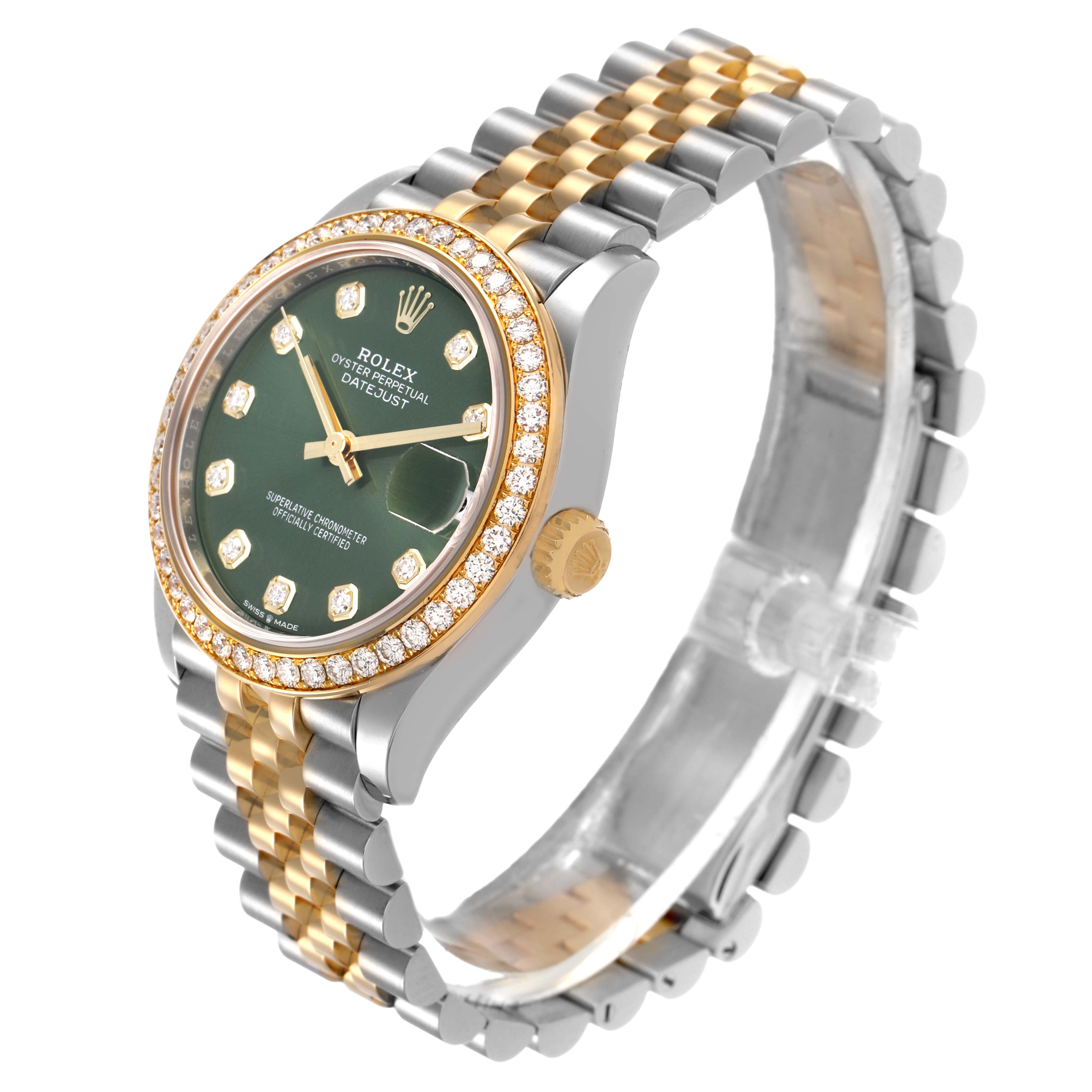 The Rolex Datejust 278383 Women's Steel and Gold (two tone) Green Dial watch is shown at an oblique angle, highlighting its green dial, diamond bezel, and two-tone bracelet.