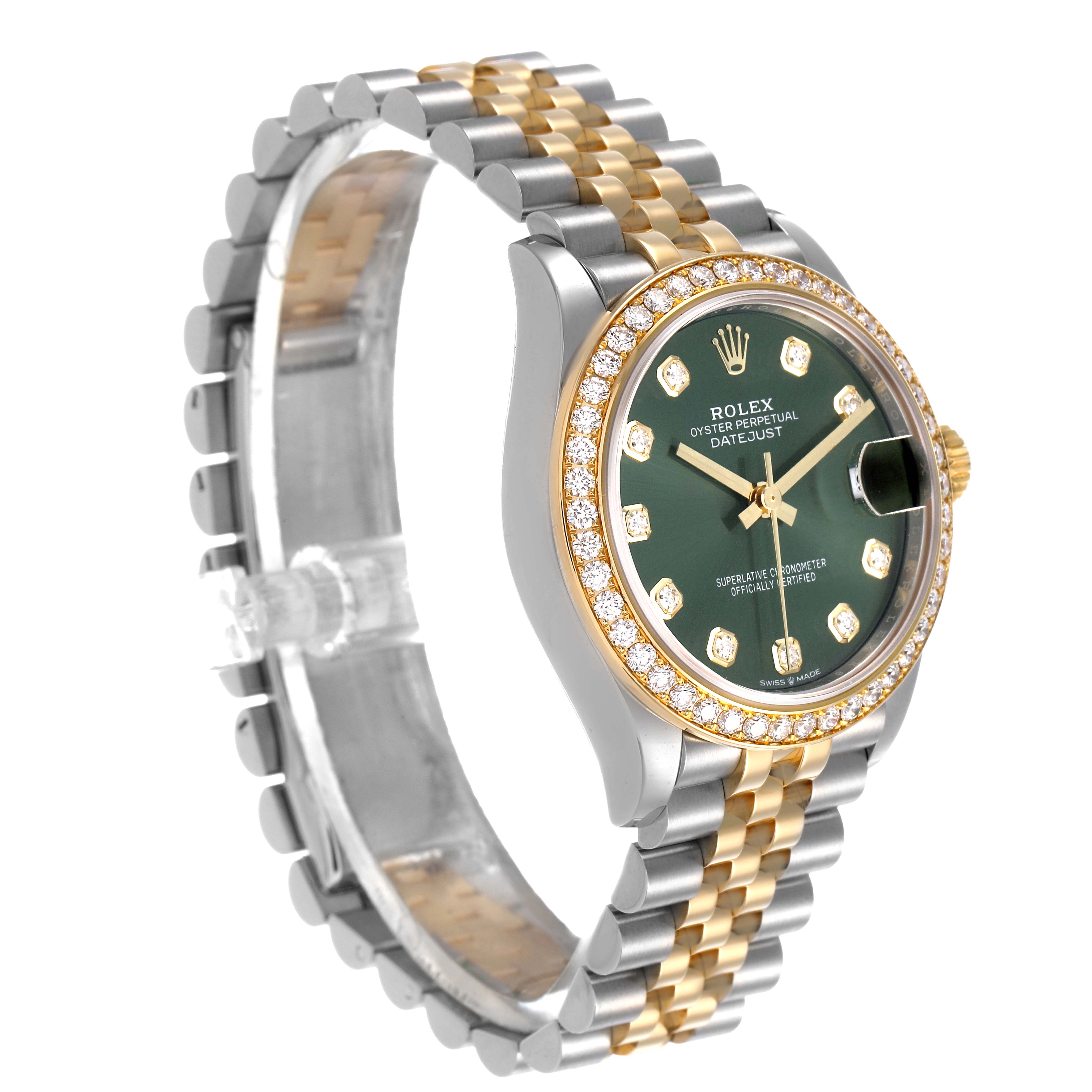 The Rolex Datejust 278383 Women's Steel and Gold (two tone) Green Dial is shown at a 3/4 angle, highlighting the dial, bezel, case, and Jubilee bracelet.