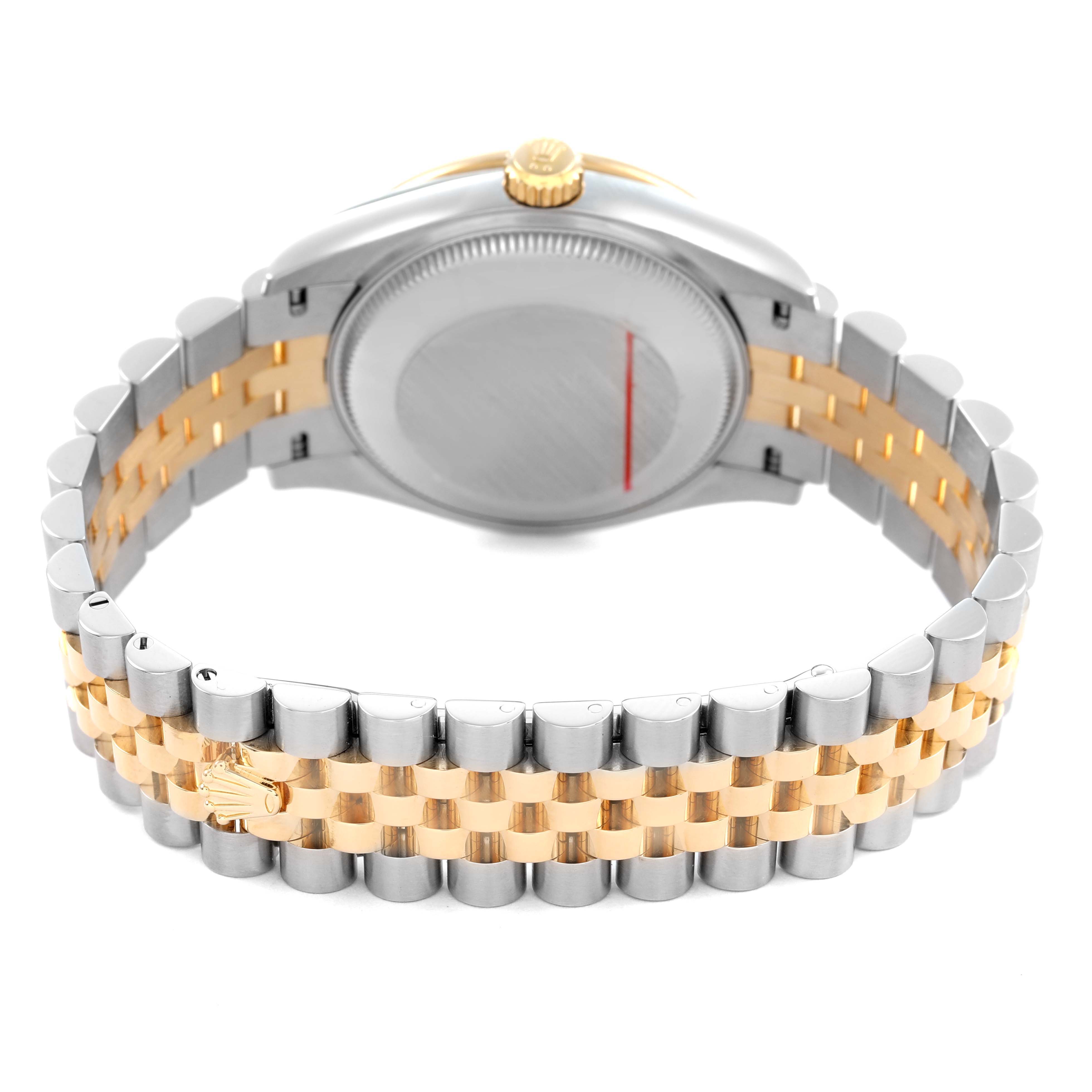 The image shows the back of a Rolex Datejust 278383 Women's Steel and Gold (two tone) Green Dial watch, highlighting the case back and two-tone bracelet.