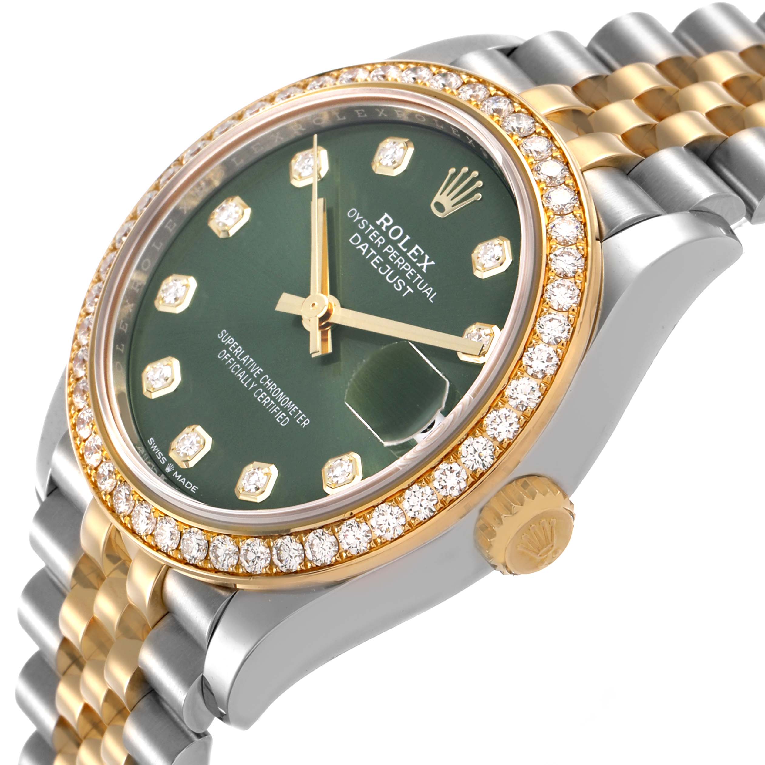The Rolex Datejust 278383 Women's Steel and Gold (two tone) Green Dial watch is shown at an angled side view, displaying the green dial, diamond bezel, and two-tone bracelet.