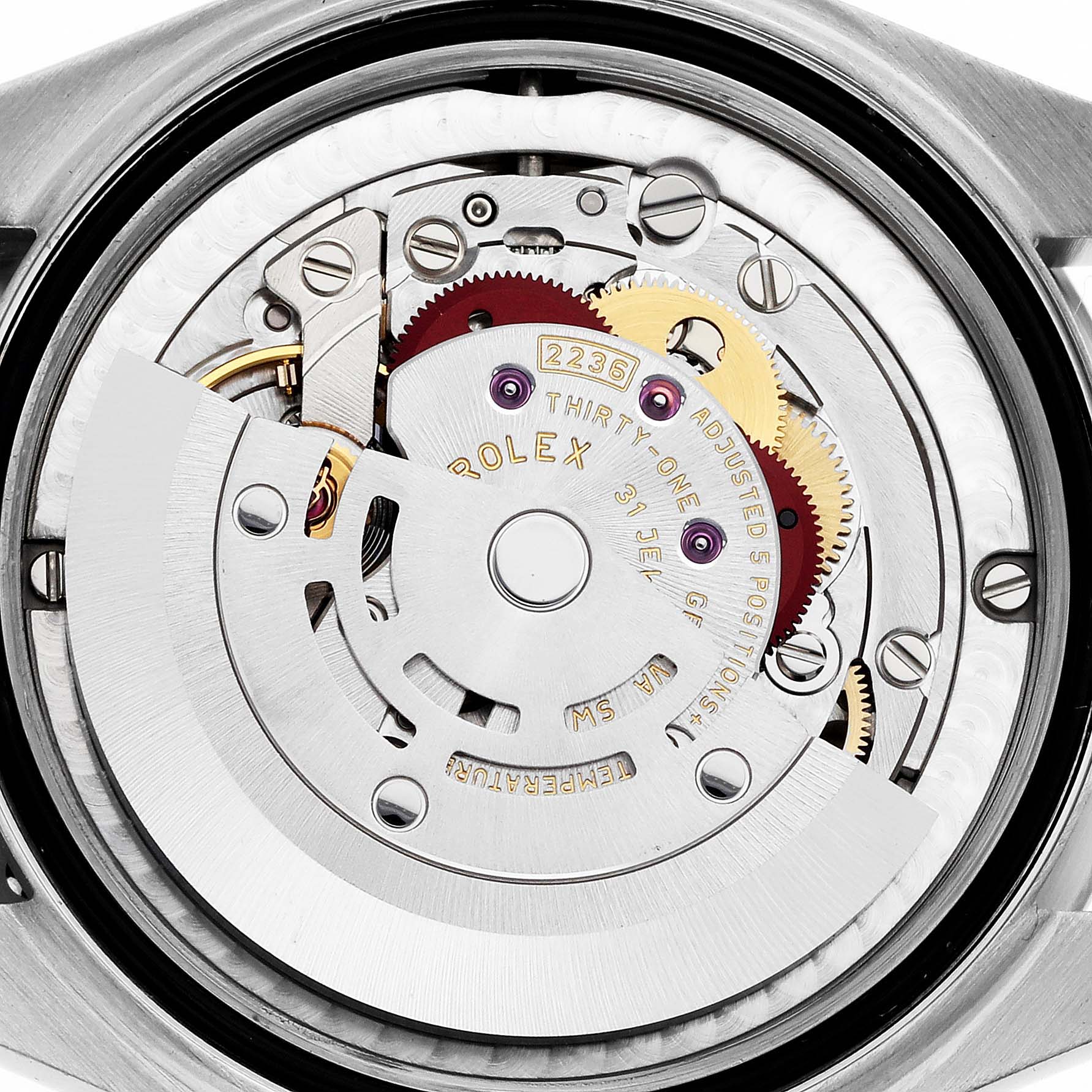 The image shows the movement of a Rolex Datejust 278344 Women
s Stainless Steel Grey Dial 278344 Women
s Stainless Steel Grey Dial watch, highlighting its gears and rotor.