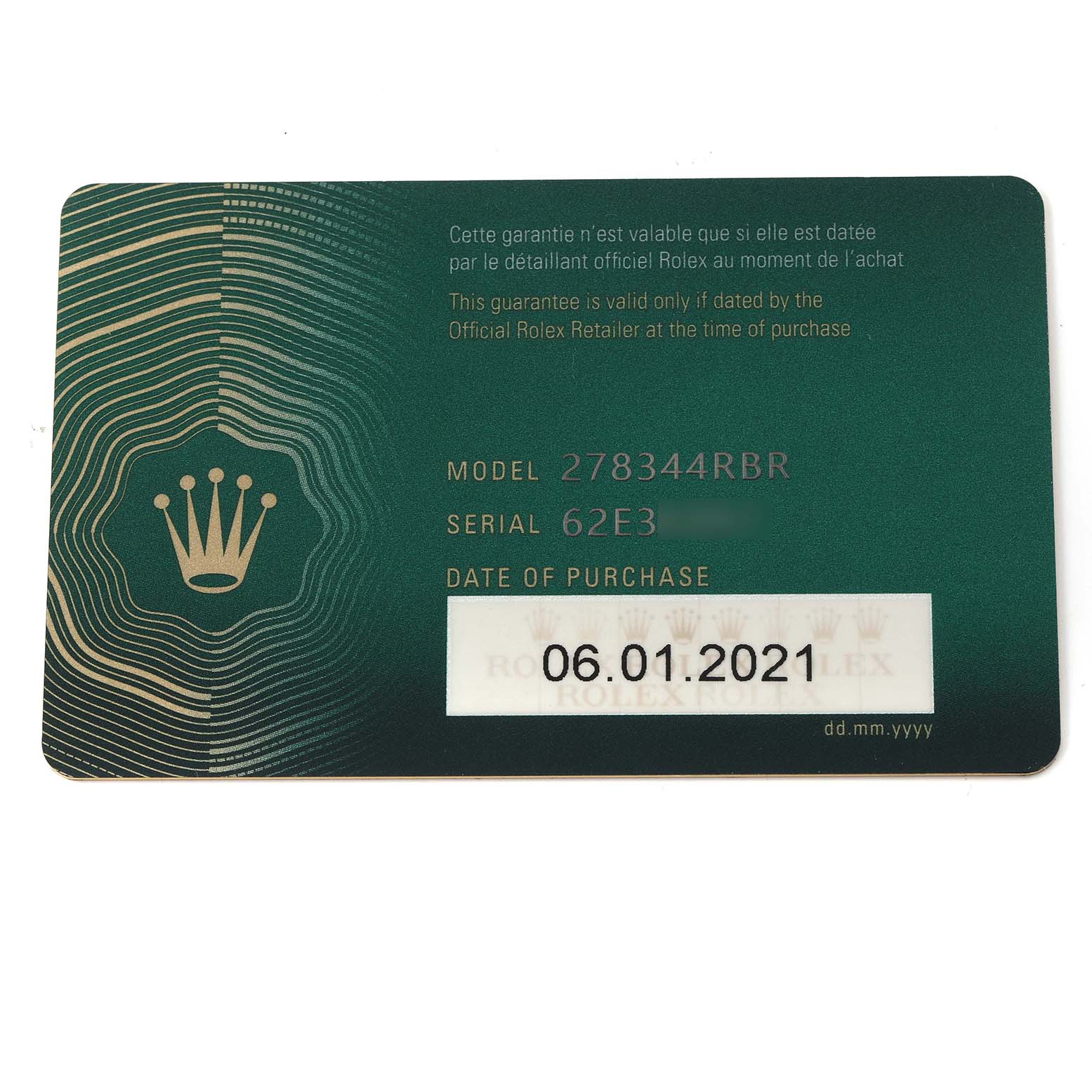 The image shows a Rolex Datejust 278344 Women
s Stainless Steel Grey Dial 278344 Women
s Stainless Steel Grey Dial warranty card featuring model, serial number, and purchase date details.