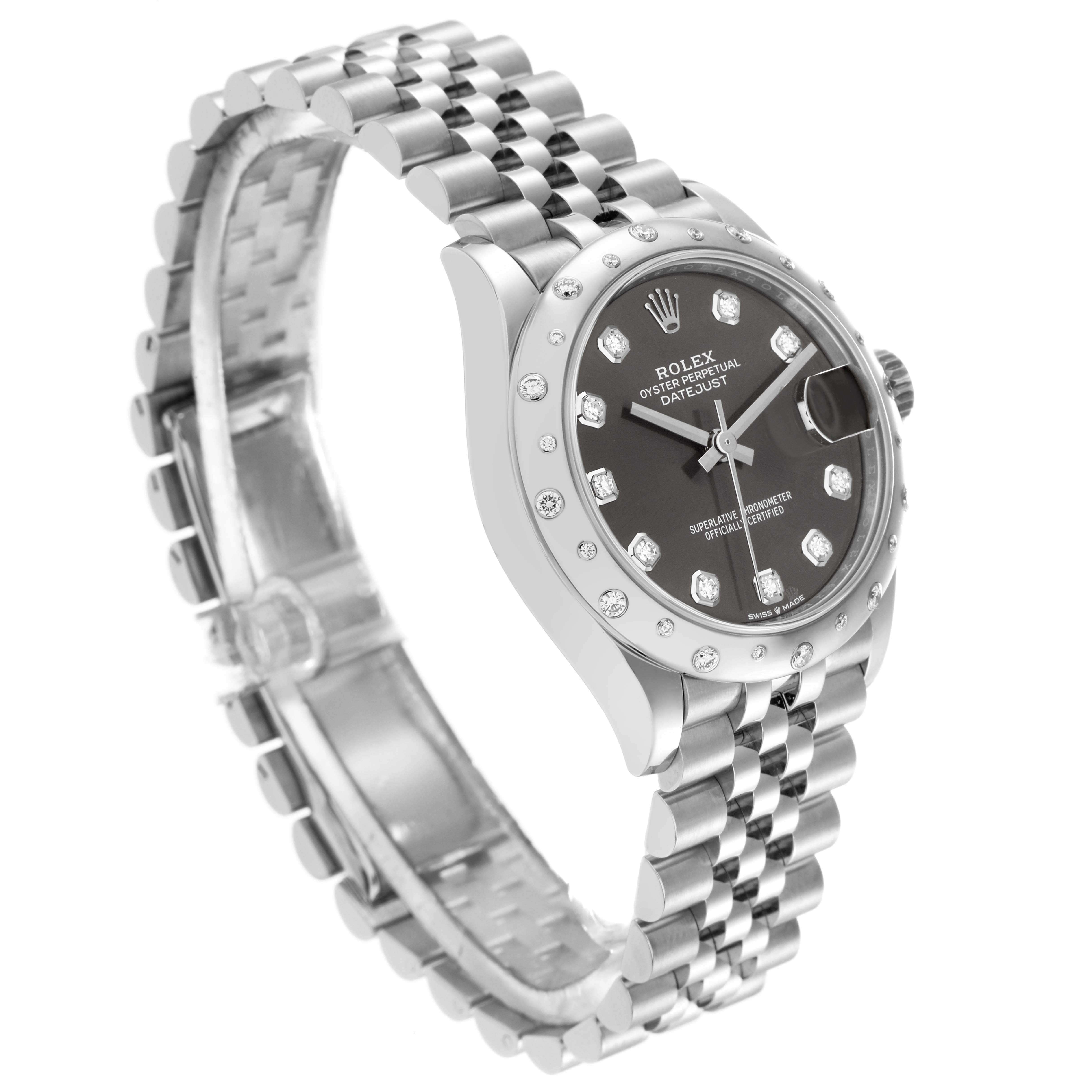 The Rolex Datejust 278344 Women
s Stainless Steel Grey Dial 278344 Women
s Stainless Steel Grey Dial watch is shown from a three-quarter angle, highlighting its dial, bezel, and bracelet.