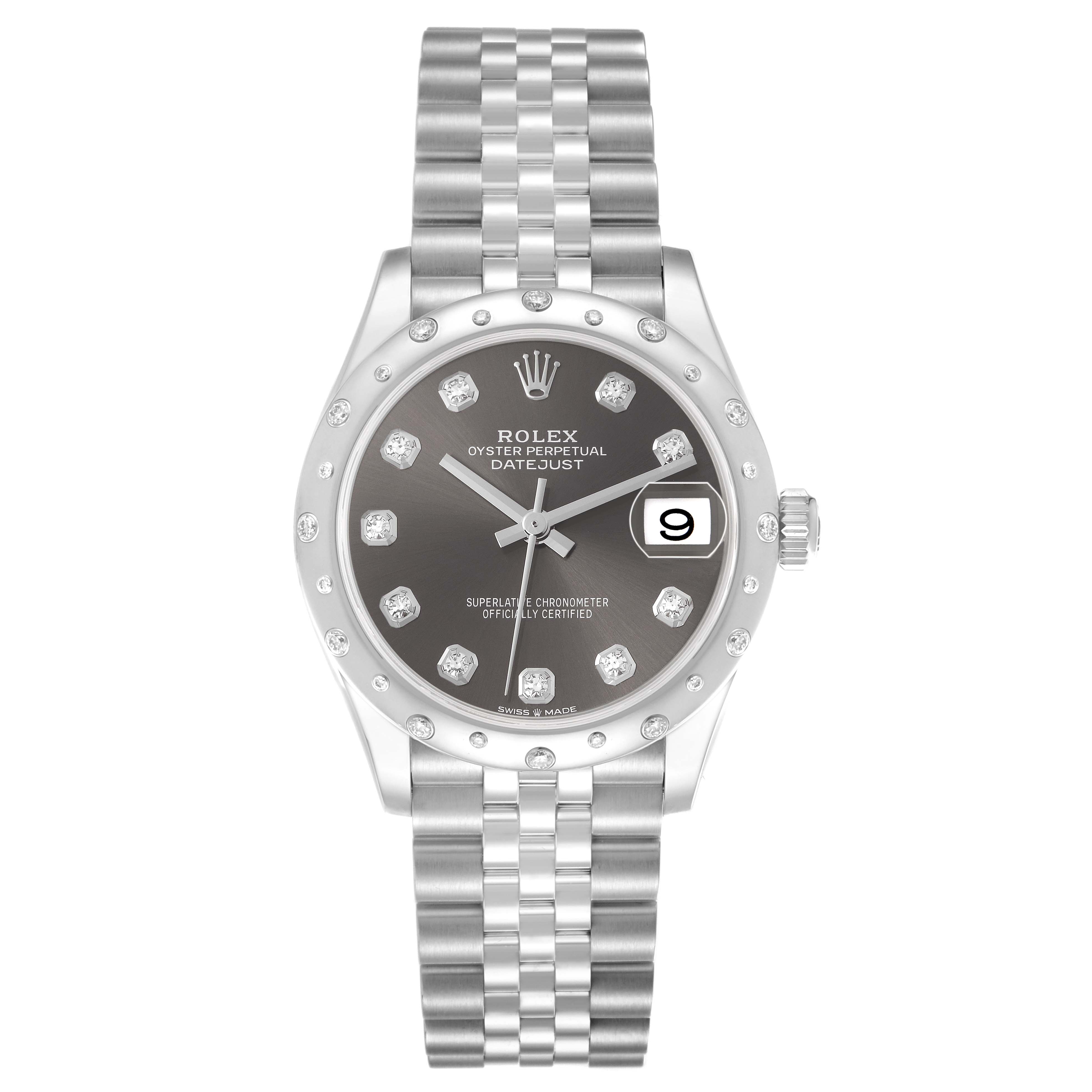 The Rolex Datejust 278344 Women
s Stainless Steel Grey Dial 278344 Women
s Stainless Steel Grey Dial watch is shown from the top, displaying the dial, bracelet, and date window.