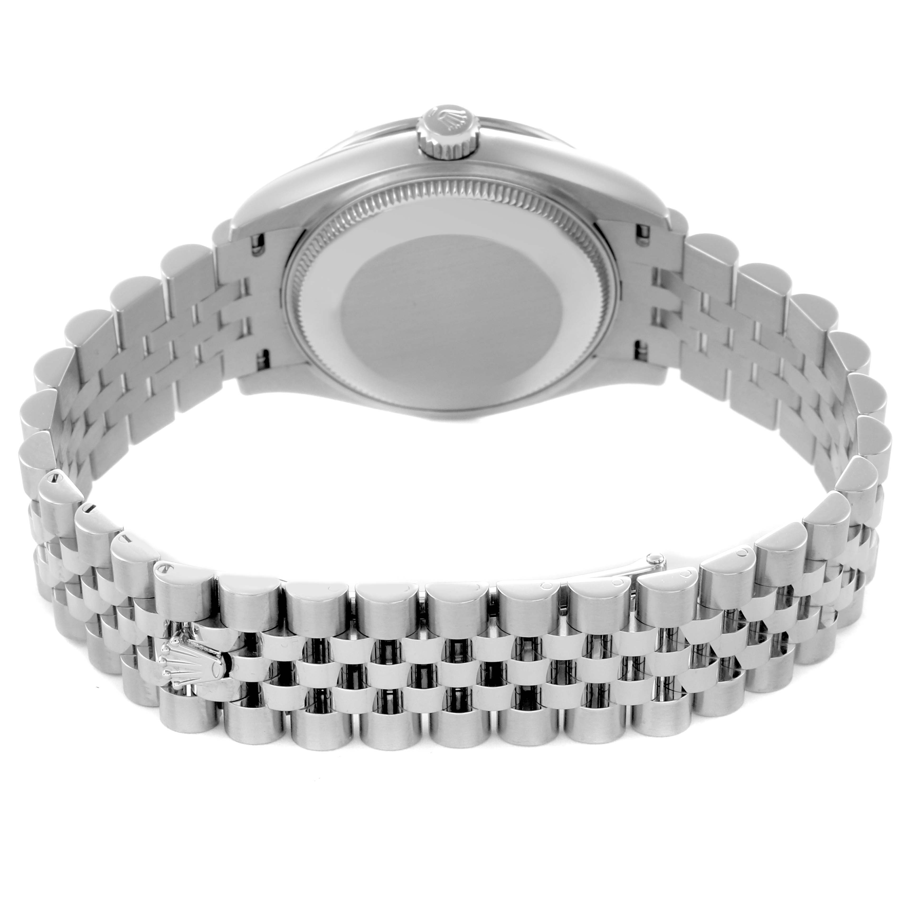 The Rolex Datejust 278344 Women
s Stainless Steel Grey Dial 278344 Women
s Stainless Steel Grey Dial is shown from the back, highlighting the case back and Jubilee bracelet.