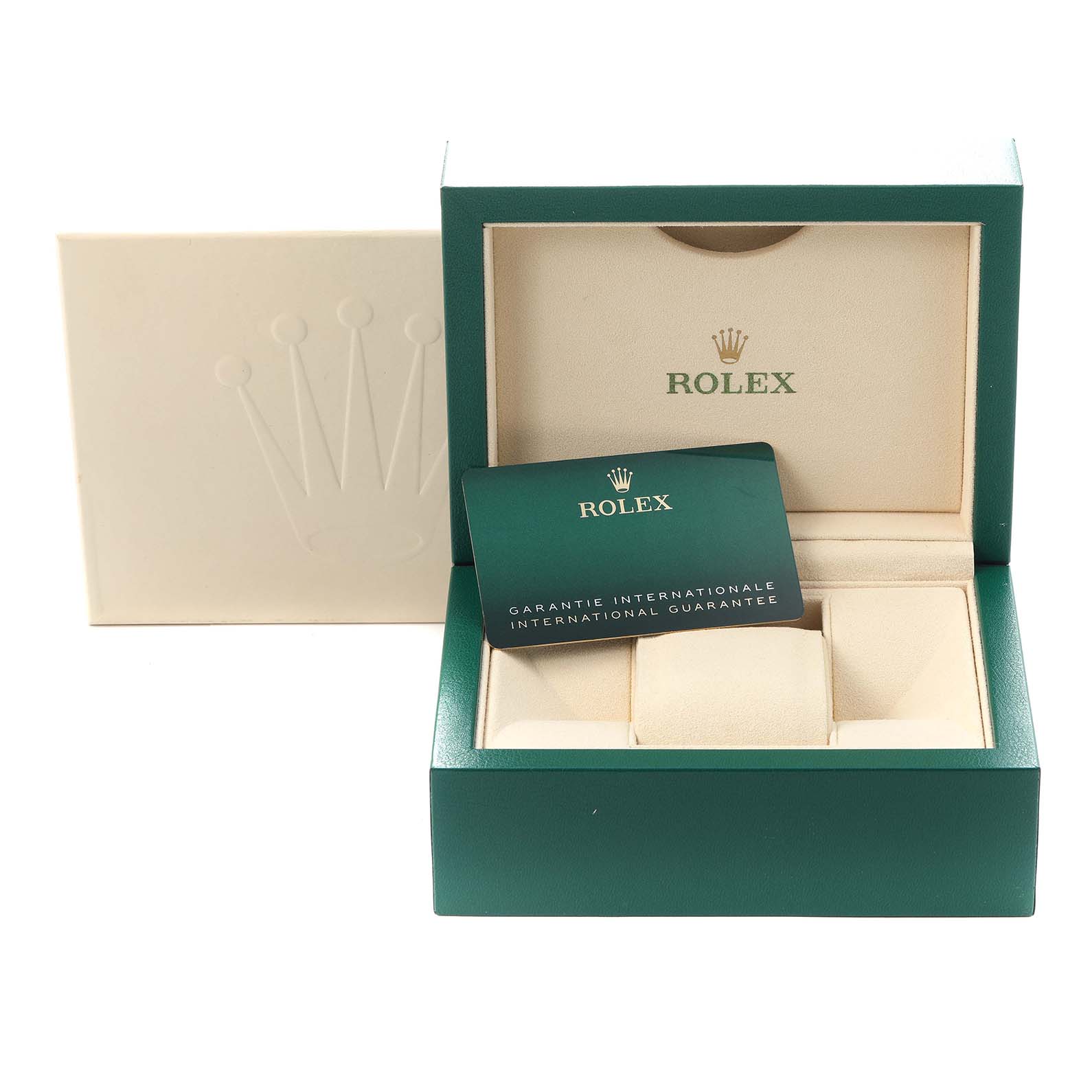 The image shows a Rolex Datejust 278344 Women
s Stainless Steel Grey Dial 278344 Women
s Stainless Steel Grey Dial box with an international guarantee card at a front-facing angle.