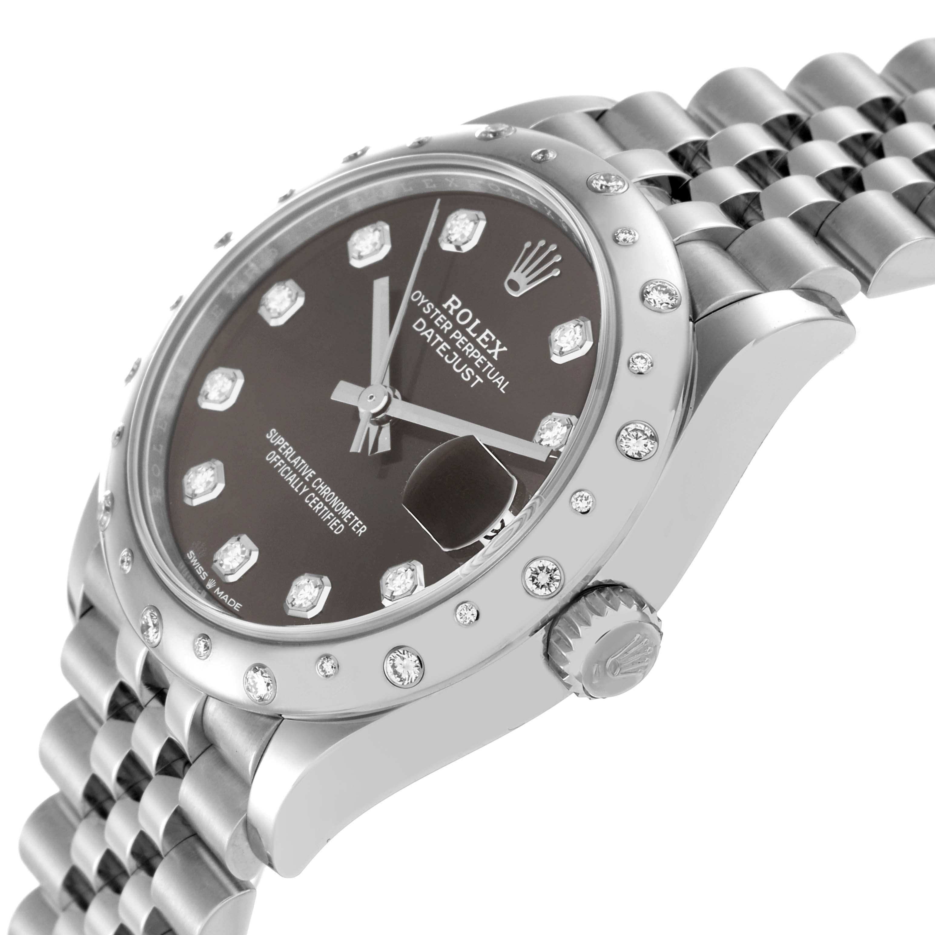 The Rolex Datejust 278344 Women
s Stainless Steel Grey Dial 278344 Women
s Stainless Steel Grey Dial watch is shown from a side angle highlighting the dial, bezel, and bracelet.