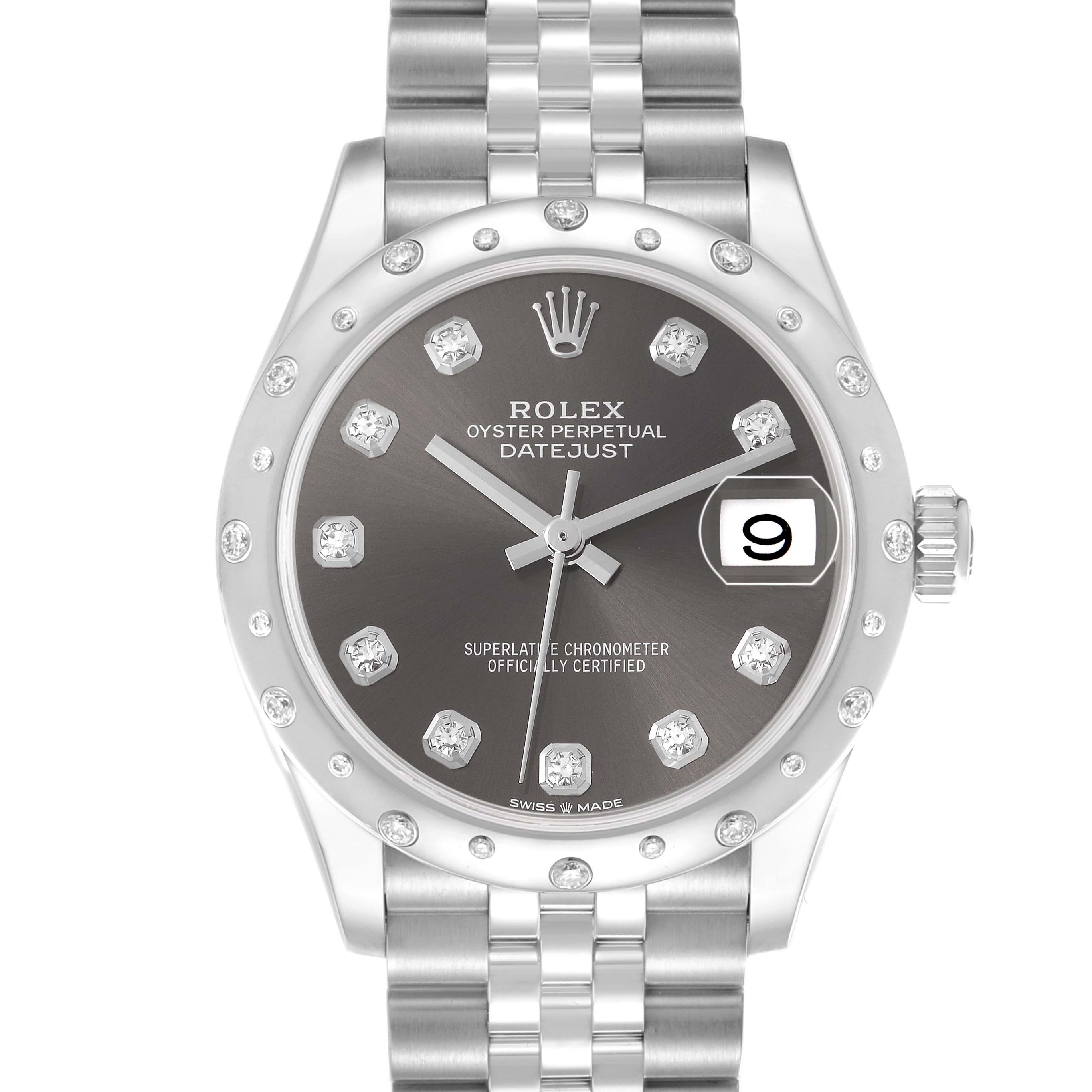 The Rolex Datejust 278344 Women
s Stainless Steel Grey Dial 278344 Women
s Stainless Steel Grey Dial watch is shown from the front, highlighting the dial, bezel, bracelet, and date window.