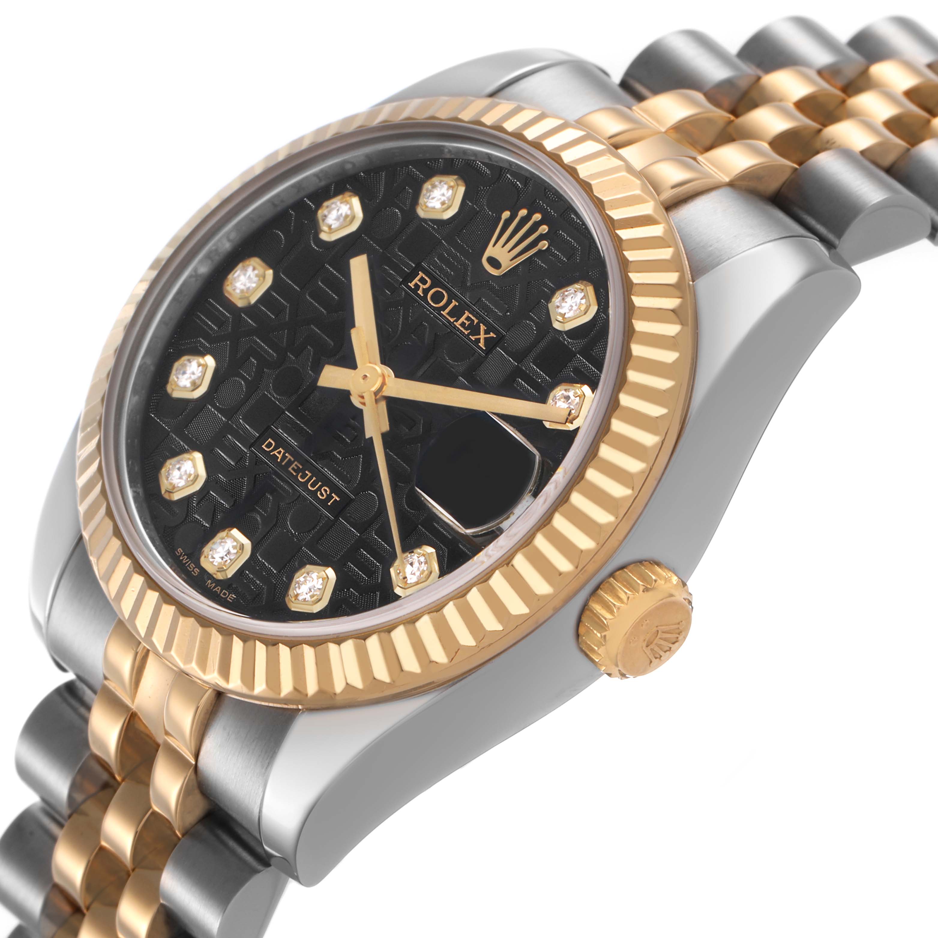The image shows a Rolex Datejust 178273 Women's Stainless Steel Black Dial watch from a side angle, highlighting the gold bezel, crown, and bracelet.