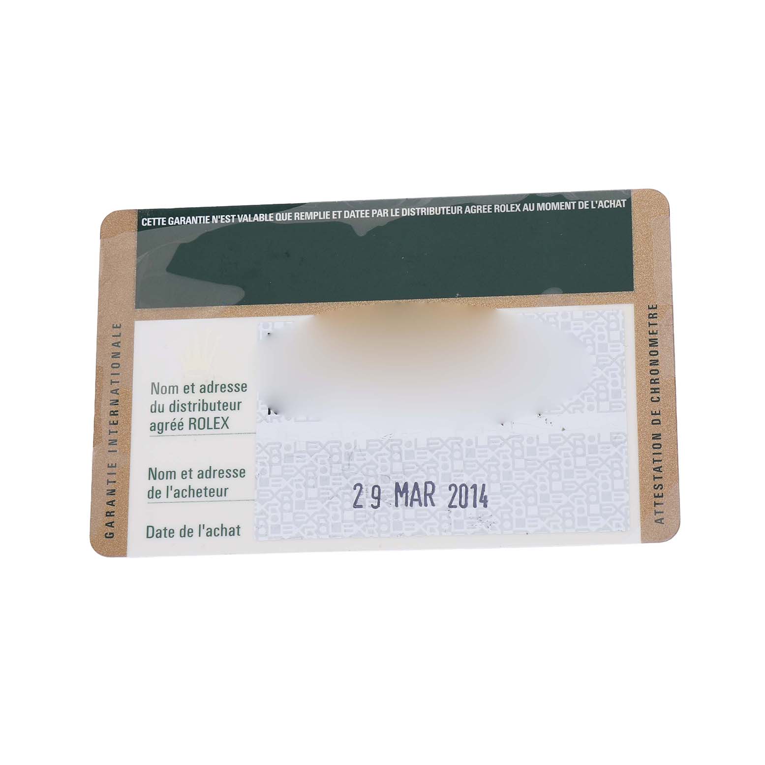 The image shows a warranty card for the Rolex Datejust 178273 Women's Stainless Steel Black Dial, displaying purchase date and related information.