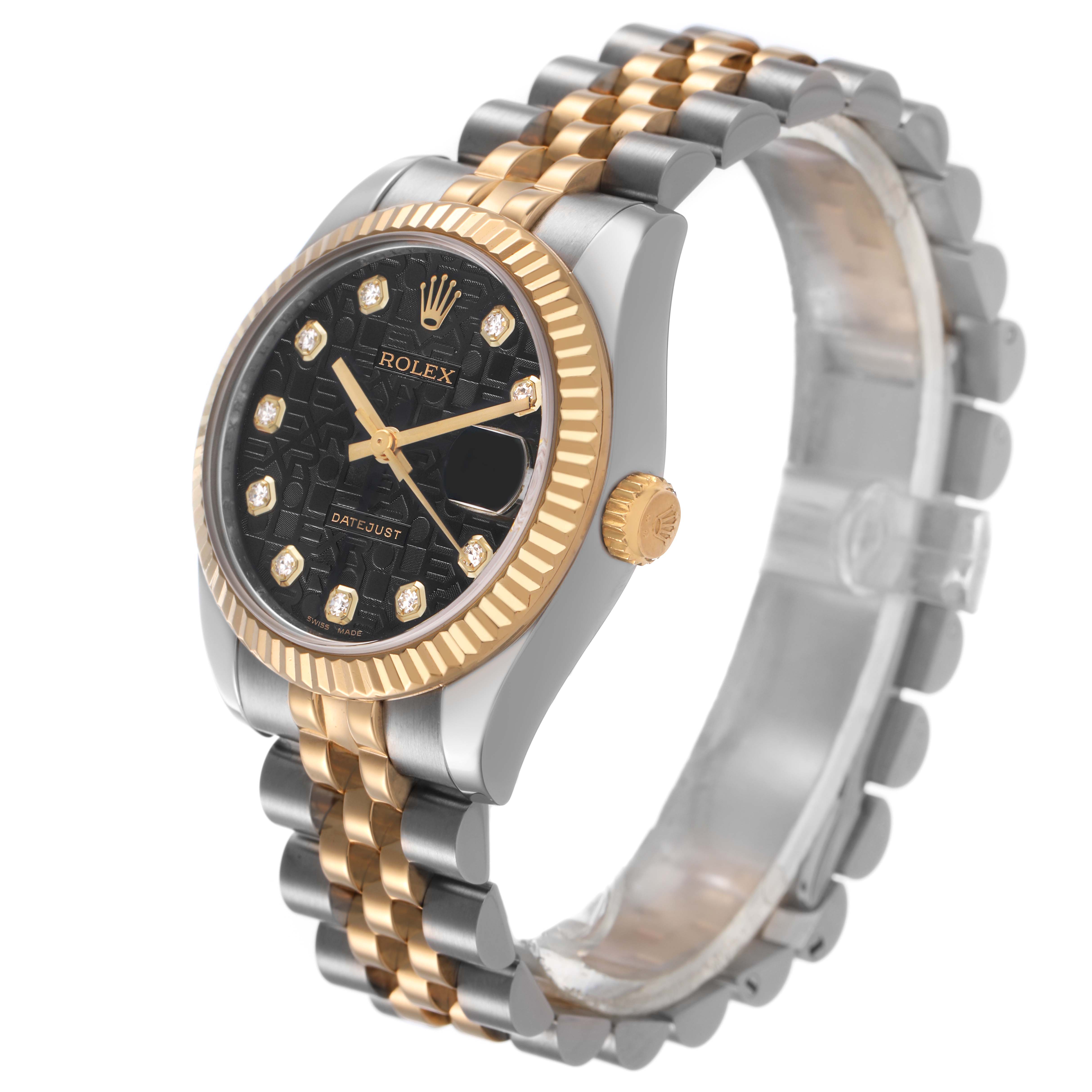 The Rolex Datejust 178273 Women's Stainless Steel Black Dial watch is shown at a three-quarter angle, highlighting its two-tone band, textured black dial, and fluted bezel.