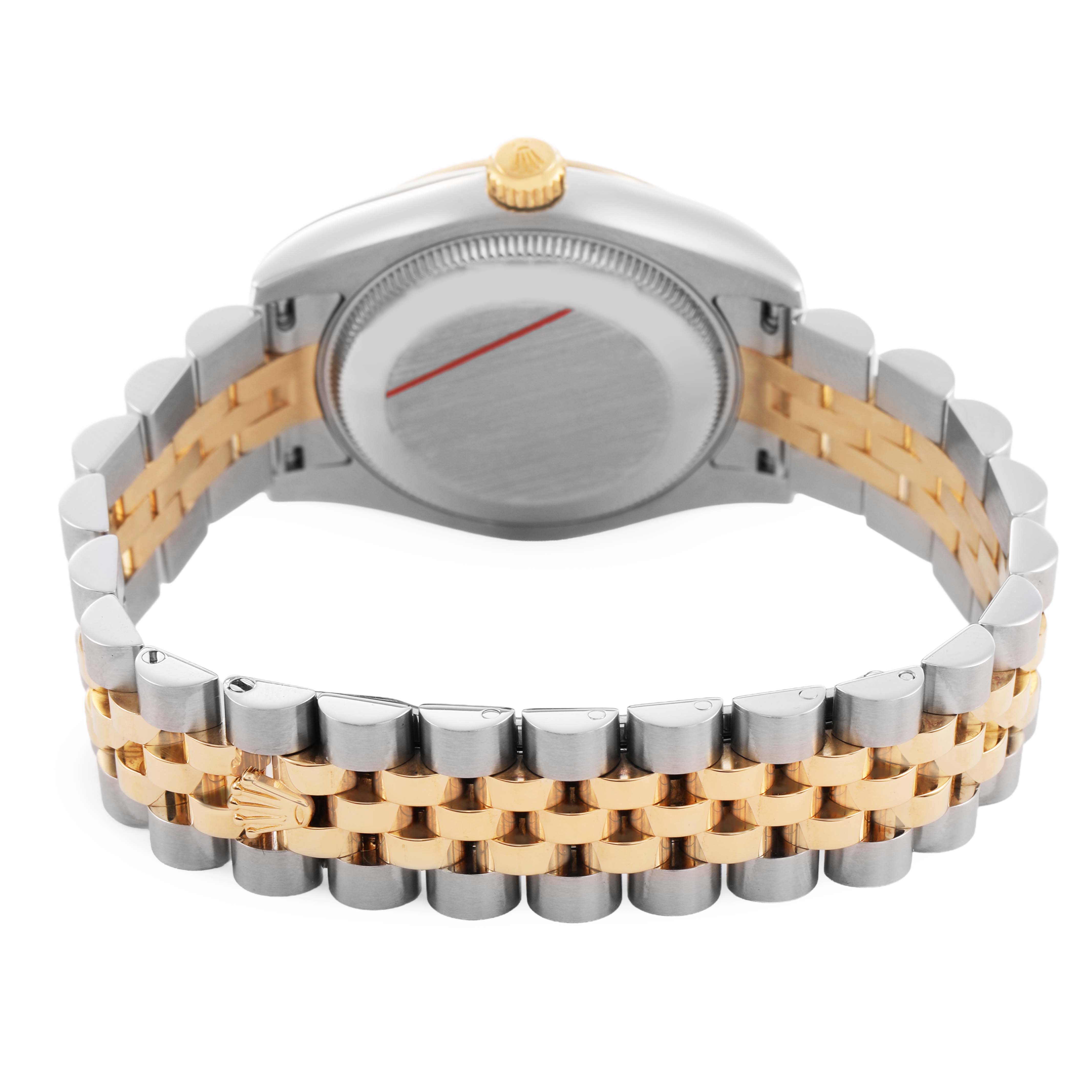 The image shows a rear angle of a Rolex Datejust 178273 Women's Stainless Steel Black Dial, highlighting the back case and two-tone bracelet.