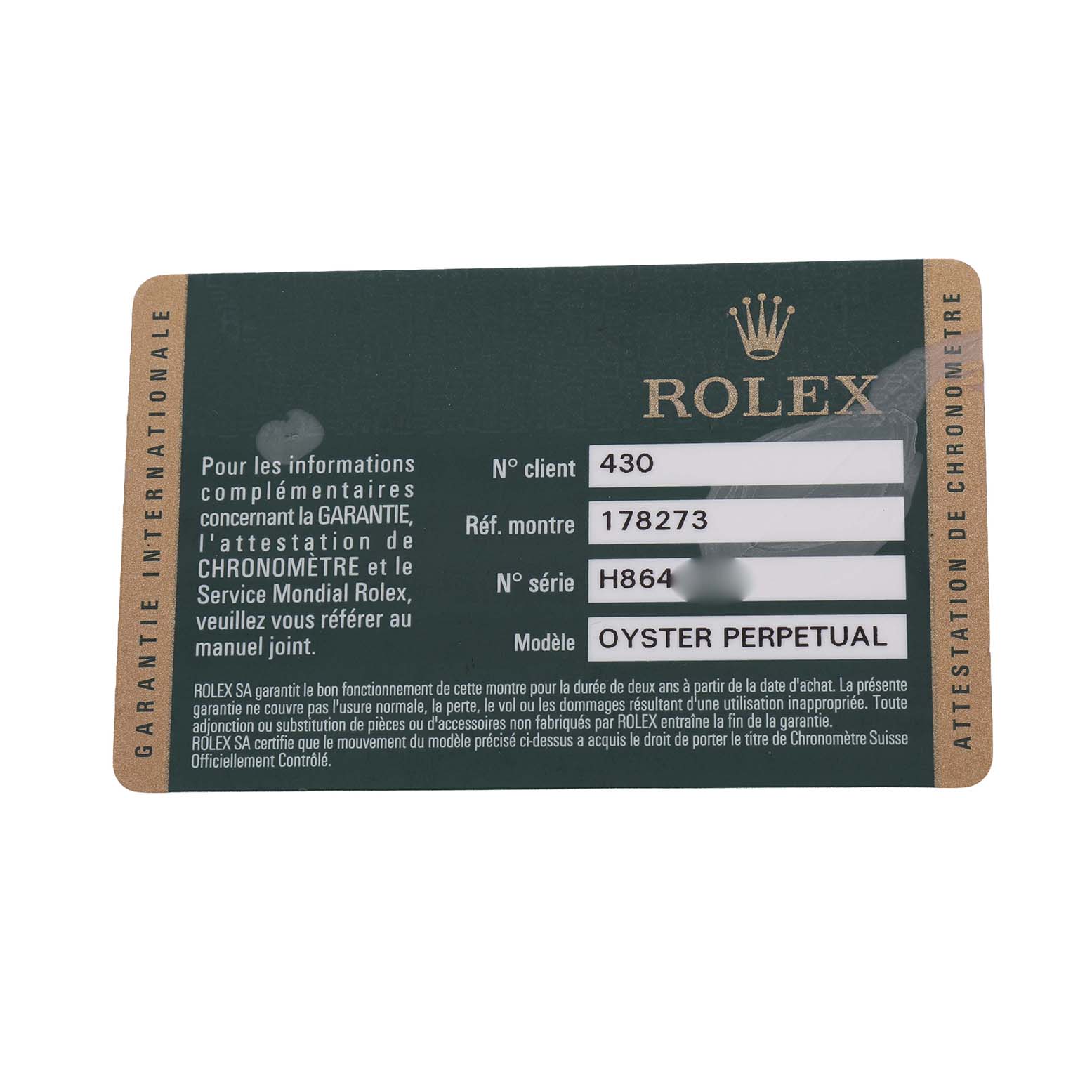 This image shows a Rolex Datejust 178273 Women's Stainless Steel Black Dial warranty card featuring model details and serial numbers.