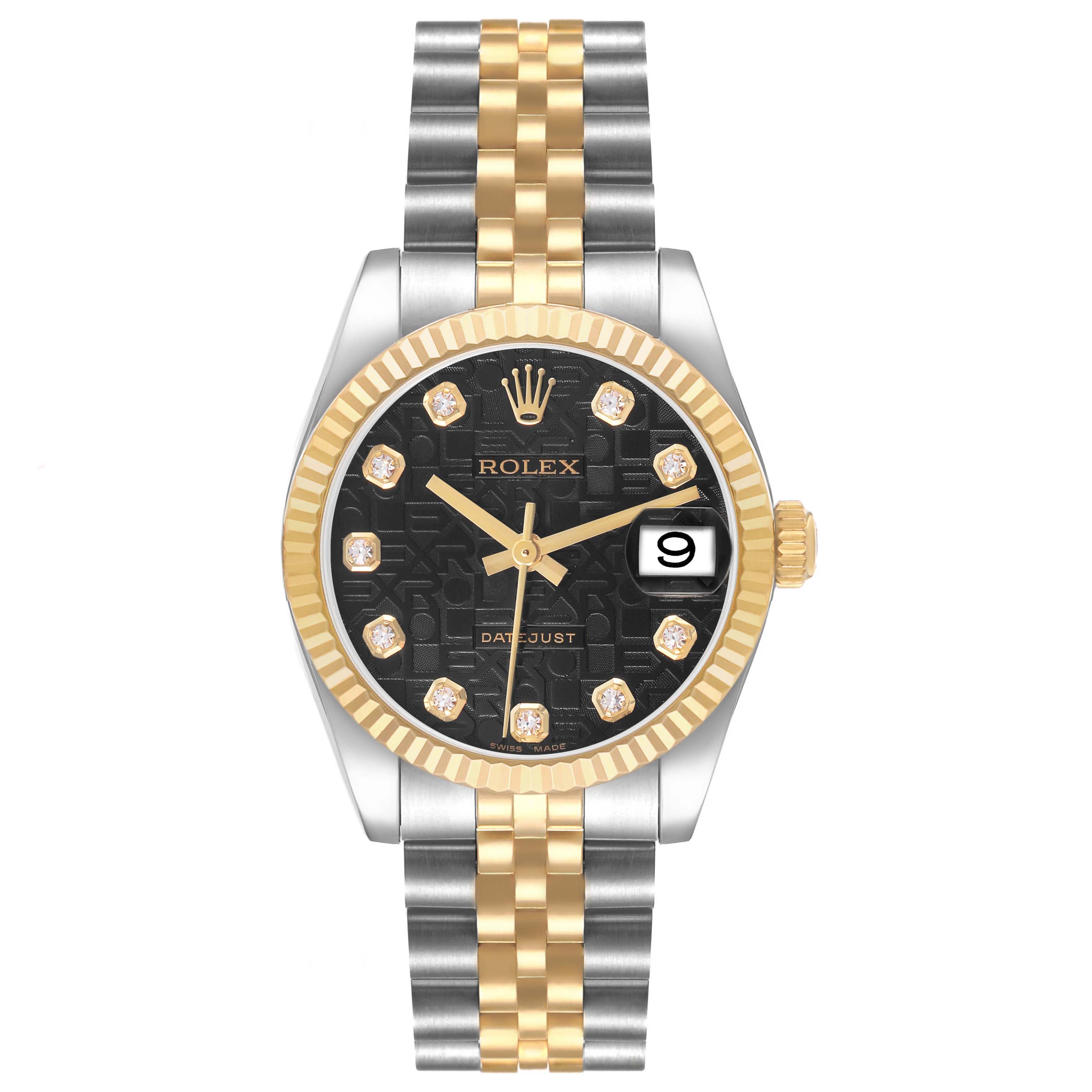 The Rolex Datejust 178273 Women's Stainless Steel Black Dial watch is shown from the front, featuring a two-tone strap, fluted bezel, and diamond hour markers.
