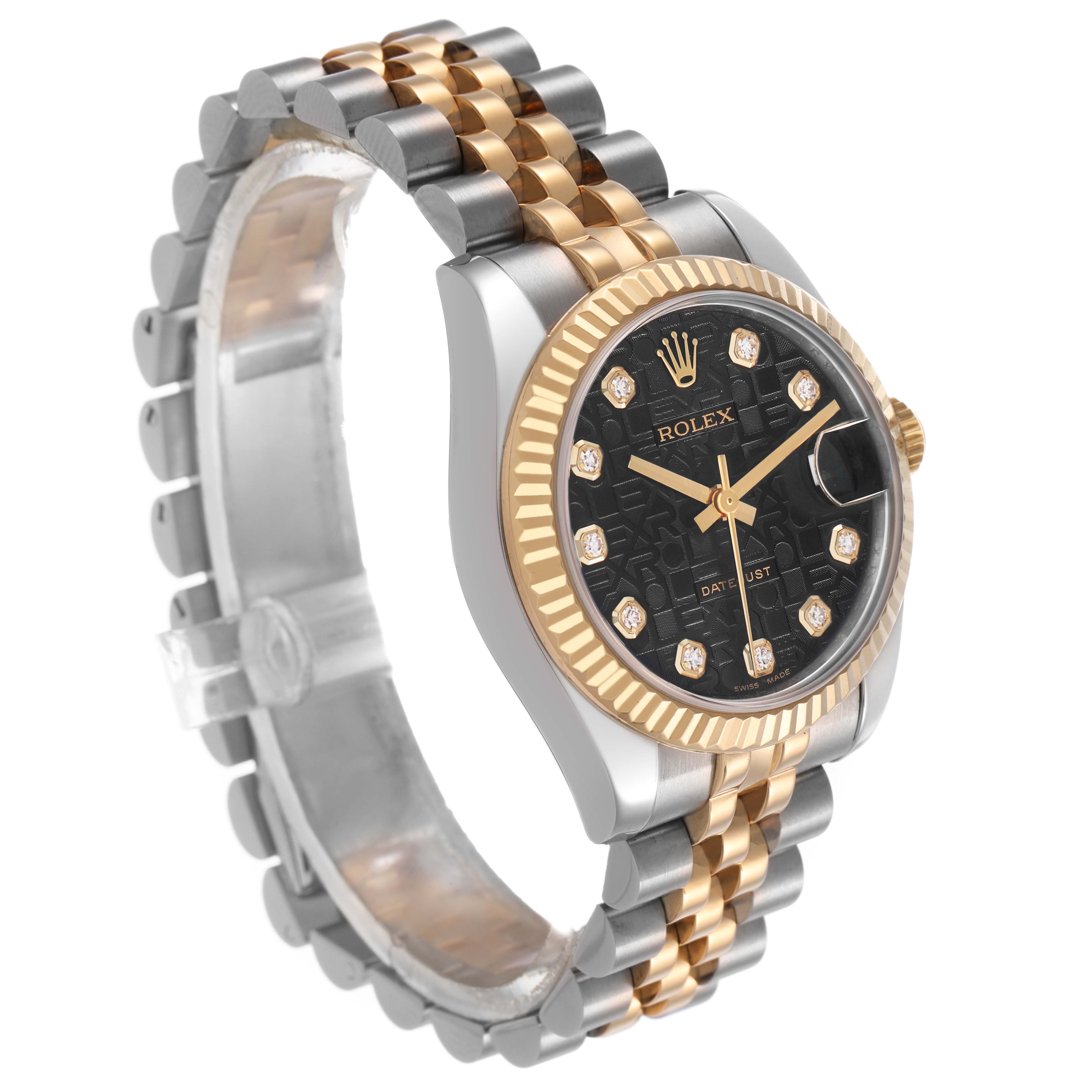 The Rolex Datejust 178273 Women's Stainless Steel Black Dial watch is shown at an angled side view, highlighting the dial, bezel, and bracelet.