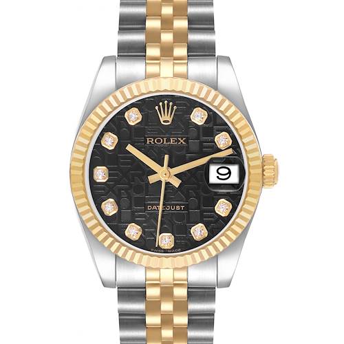 The Rolex Datejust 178273 Women's Stainless Steel Black Dial watch is shown from the front, featuring a black dial, gold and diamond hour markers, and a two-tone bracelet.