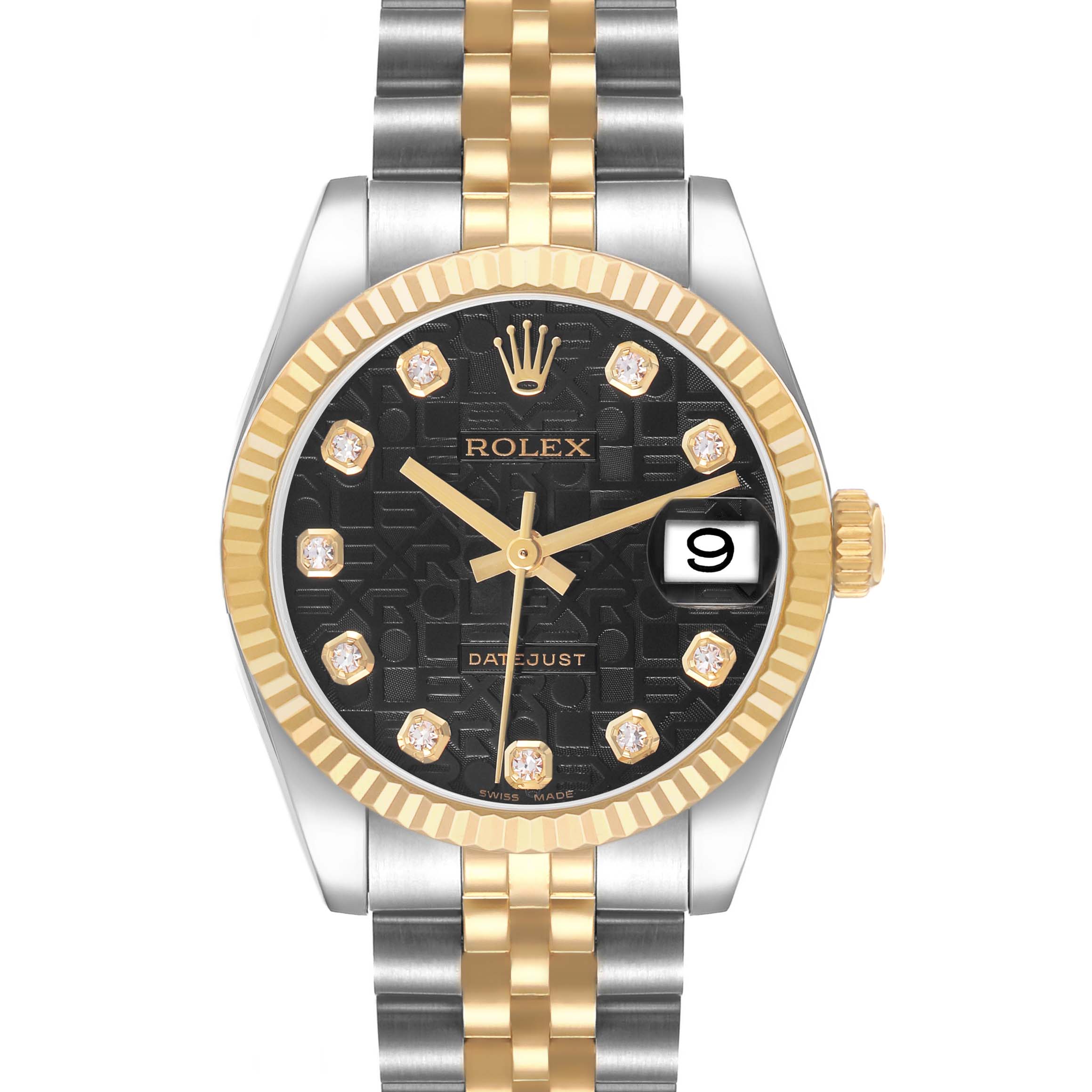 The Rolex Datejust 178273 Women's Stainless Steel Black Dial watch is shown from the front, highlighting its dial, bezel, crown, and bracelet.