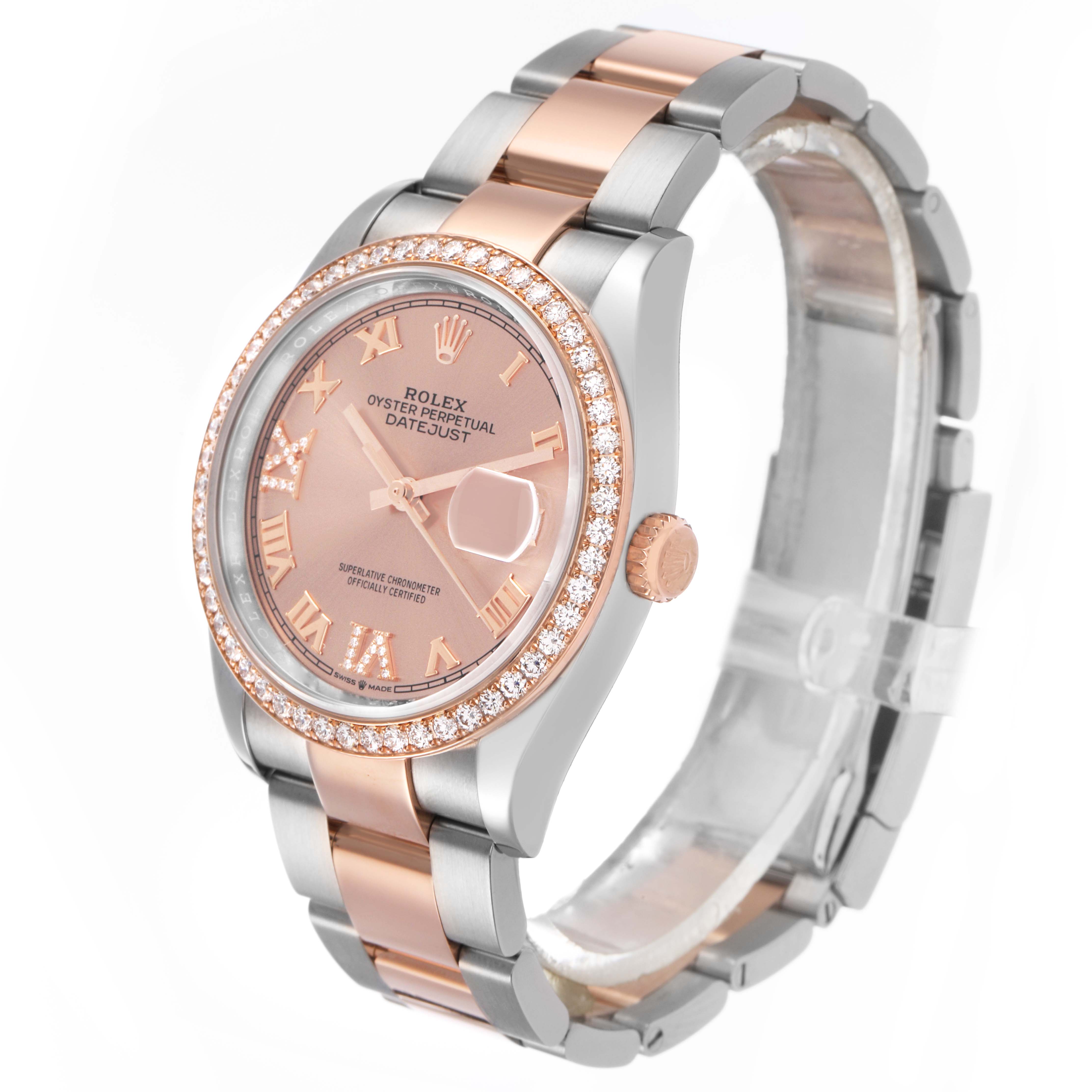 The Rolex Datejust 126281 Men's Steel and Gold (two tone) Pink Dial watch is shown at a three-quarter angle, highlighting its dial, bezel, and bracelet.