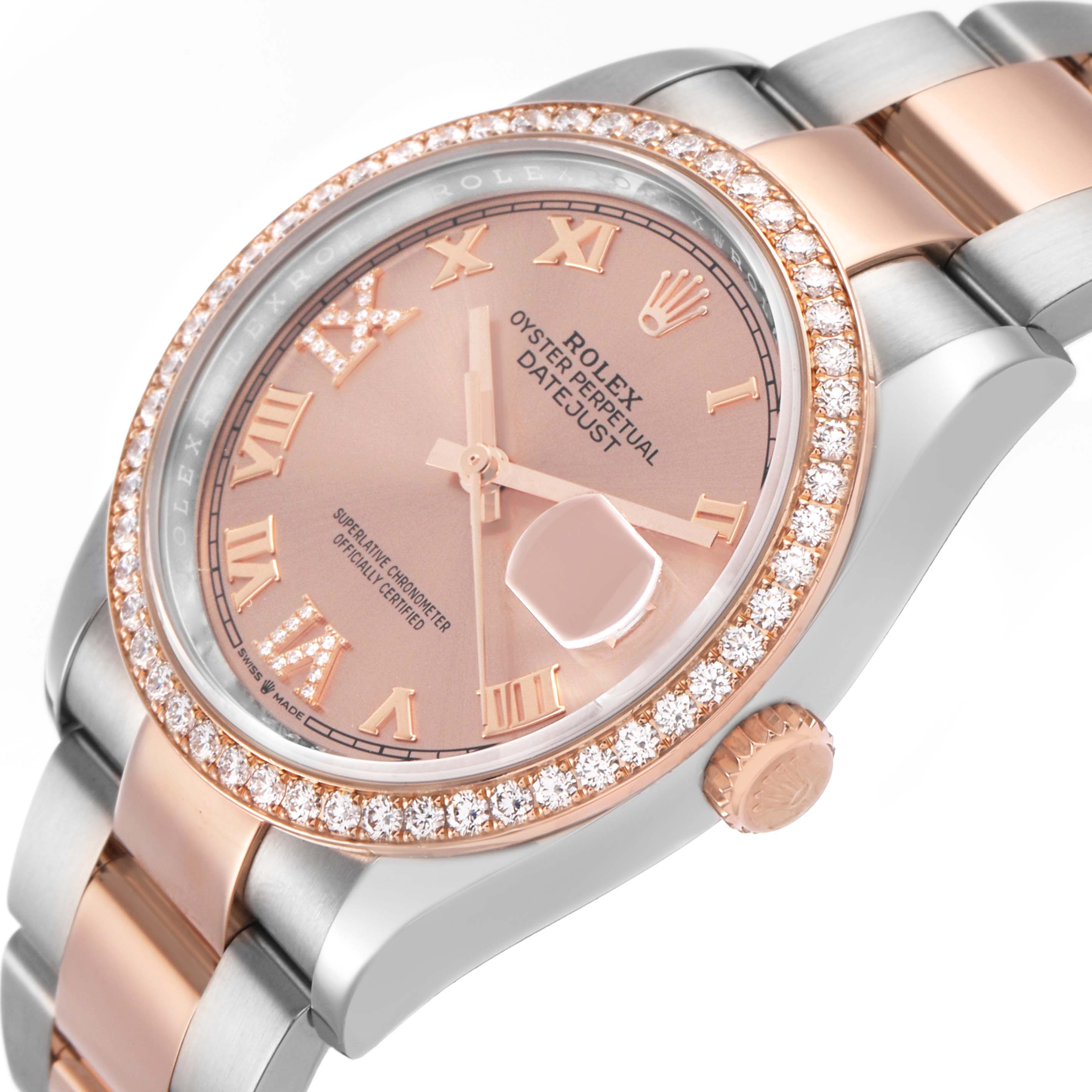 The Rolex Datejust 126281 Men's Steel and Gold (two tone) Pink Dial is shown at an angled view highlighting the rose gold dial, diamond bezel, and two-tone bracelet.