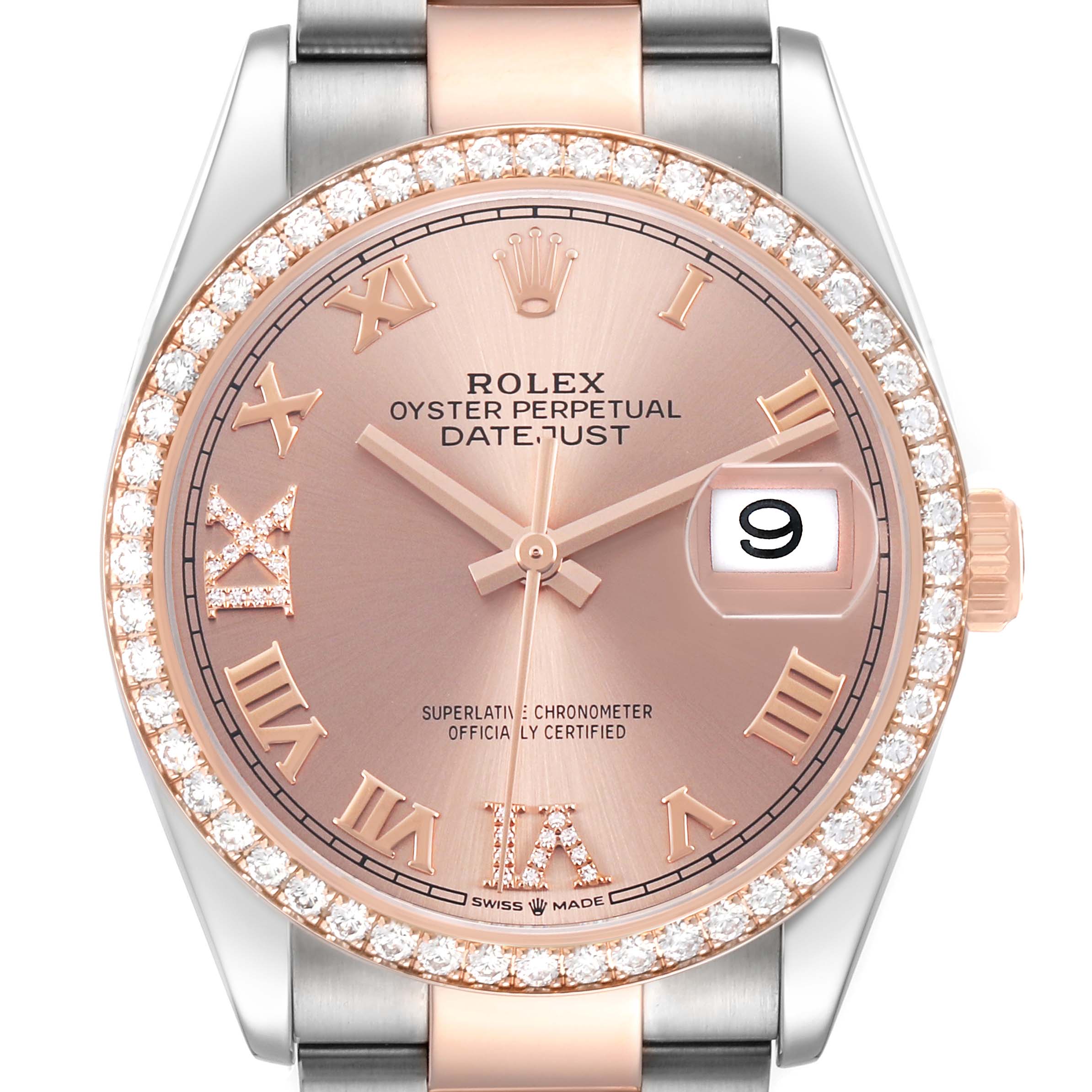 The Rolex Datejust 126281 Men's Steel and Gold (two tone) Pink Dial watch is shown from a front angle, highlighting the diamond bezel, face, Roman numerals, and date window.